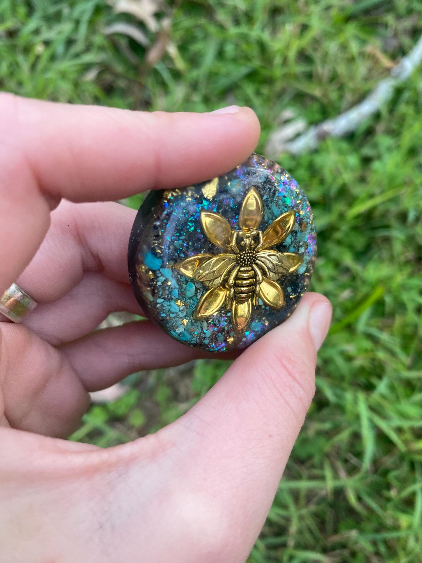 Bumble Bee. Pendant Necklace. Made w Elite Shungite, 24ct Gold and Turquoise. Tensor Ring. Powerful. EMF Protection. 5G Protection.