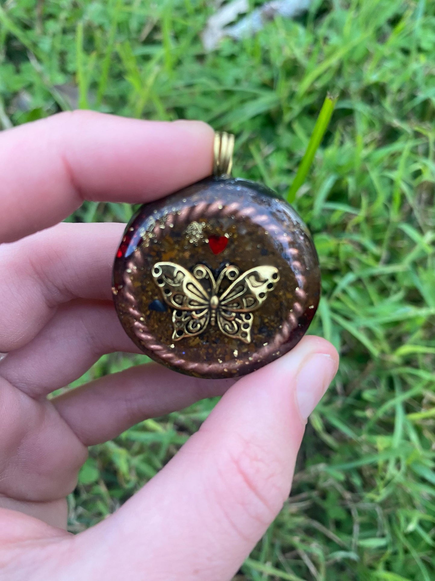 Butterfly. Orgone Pendant Necklace. Made w Elite Shungite, Tigers Eye and 24ct Gold. Powerful. EMF Protection. 5G Protection. TENSOR RING
