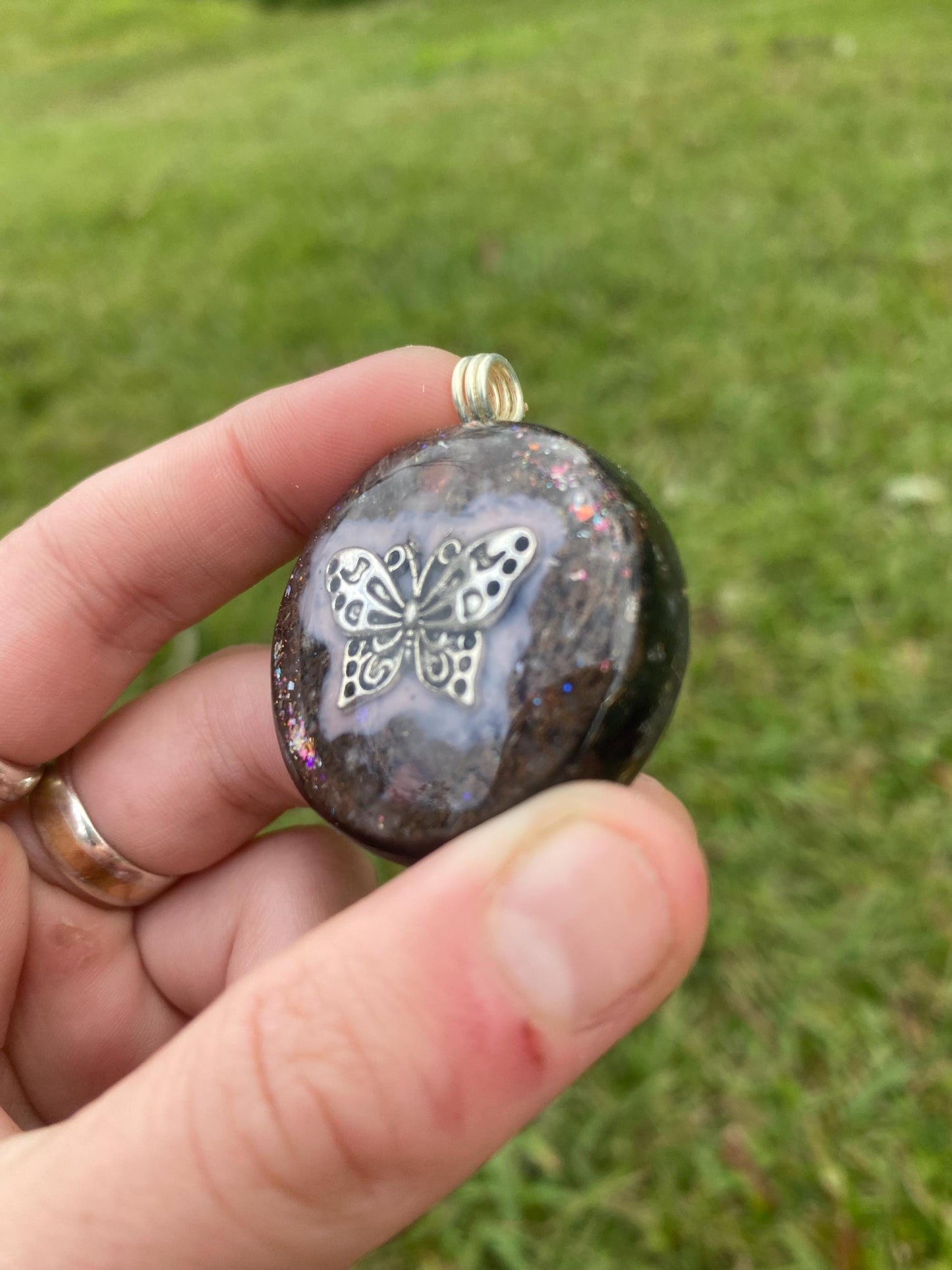 Butterfly. Pendant Necklace. Made w rose quartz, Elite Shungite, & Tensor Ring. Powerful. Emf Protection.
