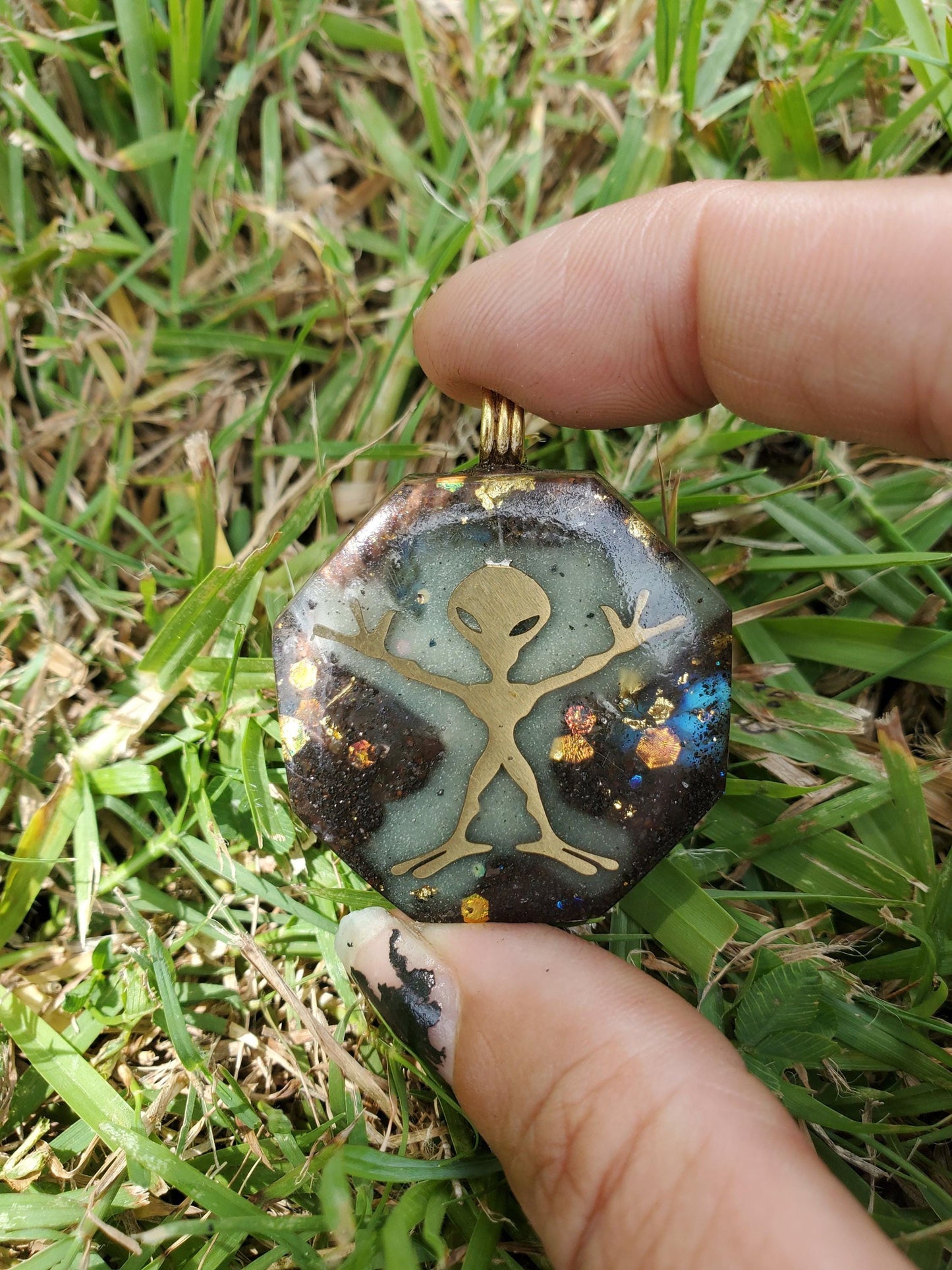 Alien Orgone Pendant Necklace. Made w Elite Shungite, Gold Sheen Obsidian, 24ct Gold and Tensor Ring. Powerful. EMF Protection.