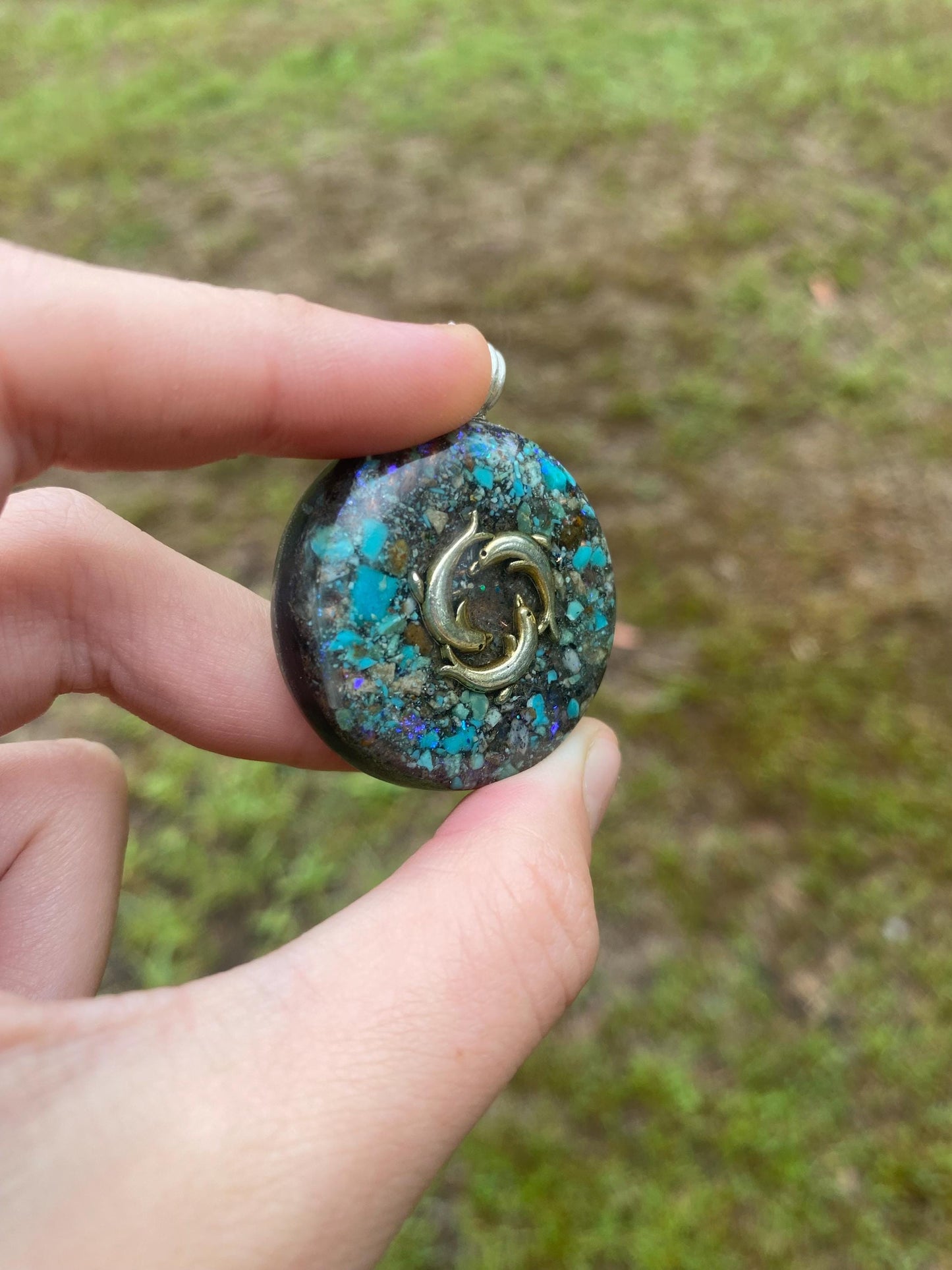 Dolphin Orgone Pendant Necklace. Made w Elite Shungite and Turquoise. Tensor Ring. Powerful. EMF 5G Protection.