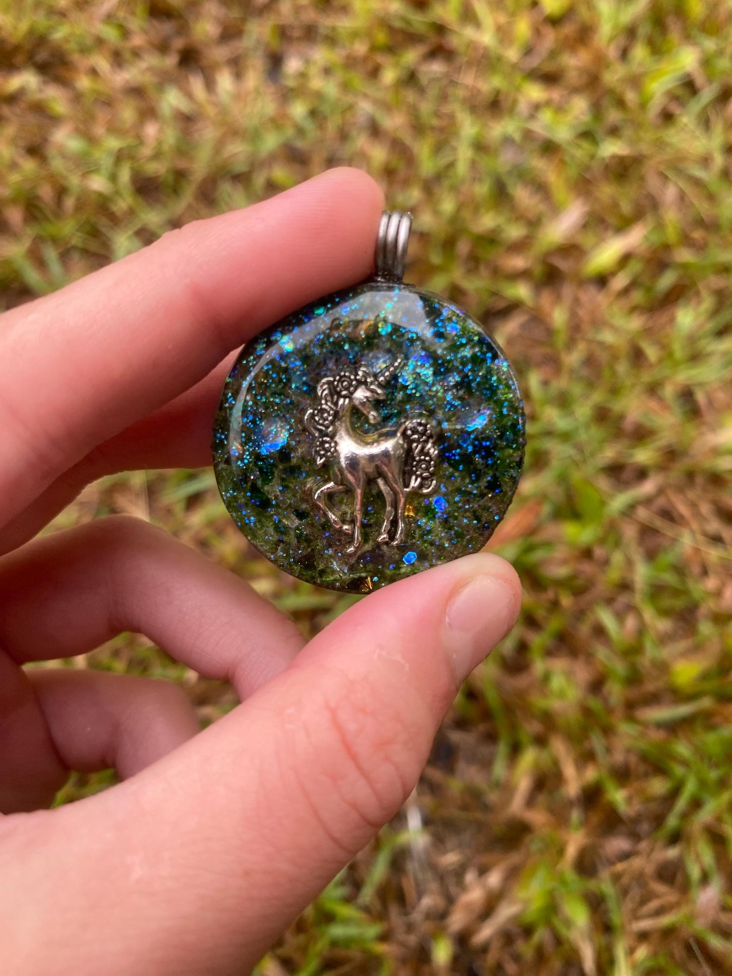 Unicorn. Orgone Pendant Necklace. Made w Elite Shungite, Selenite, 24ct Gold & Green Goldstone. Powerful. EMF Protection.