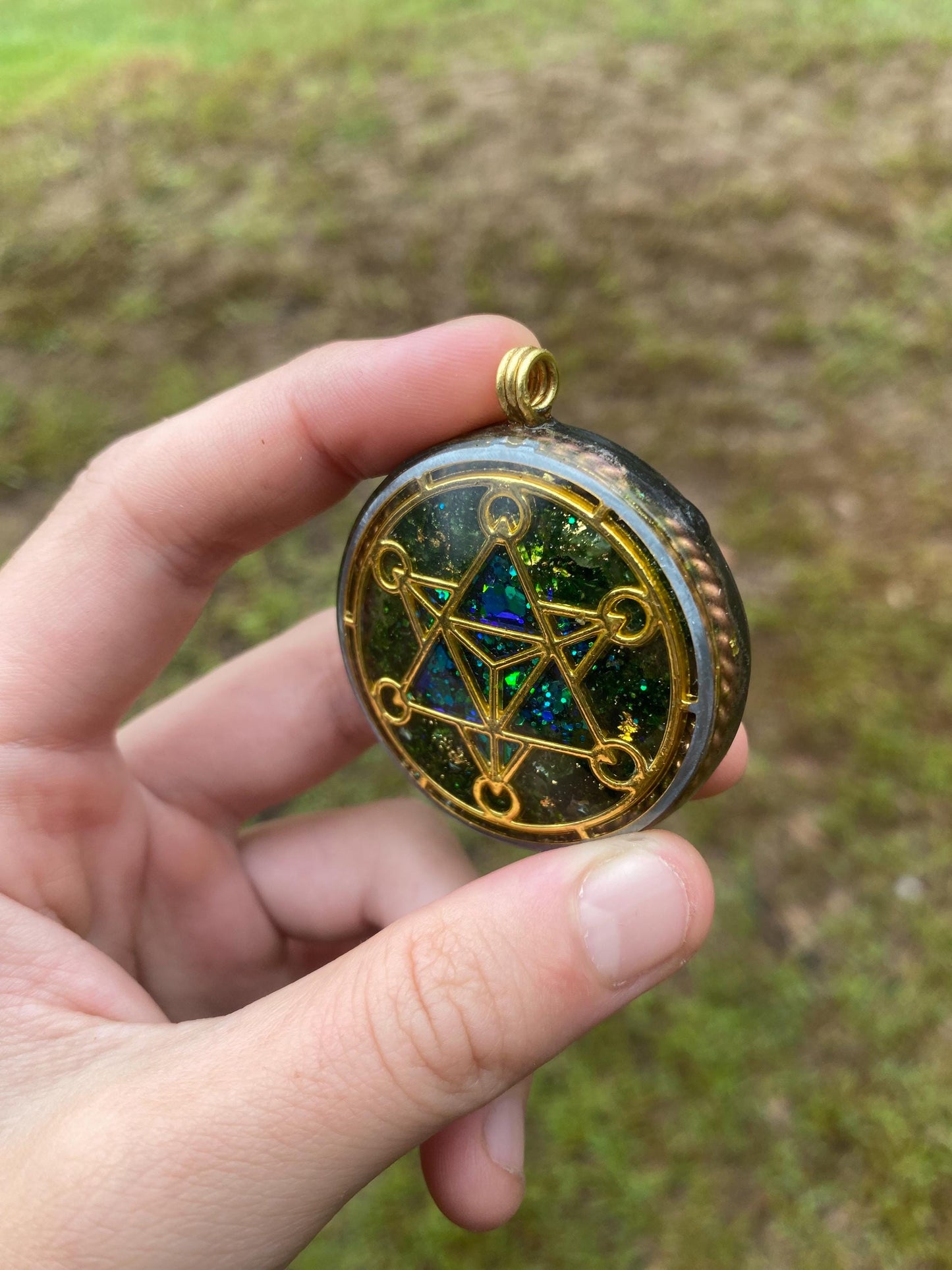 Merkaba. Orgone Pendant Necklace. Made w Elite Shungite, Selenite, 24ct Gold & Green Goldstone. Powerful. EMF Protection.