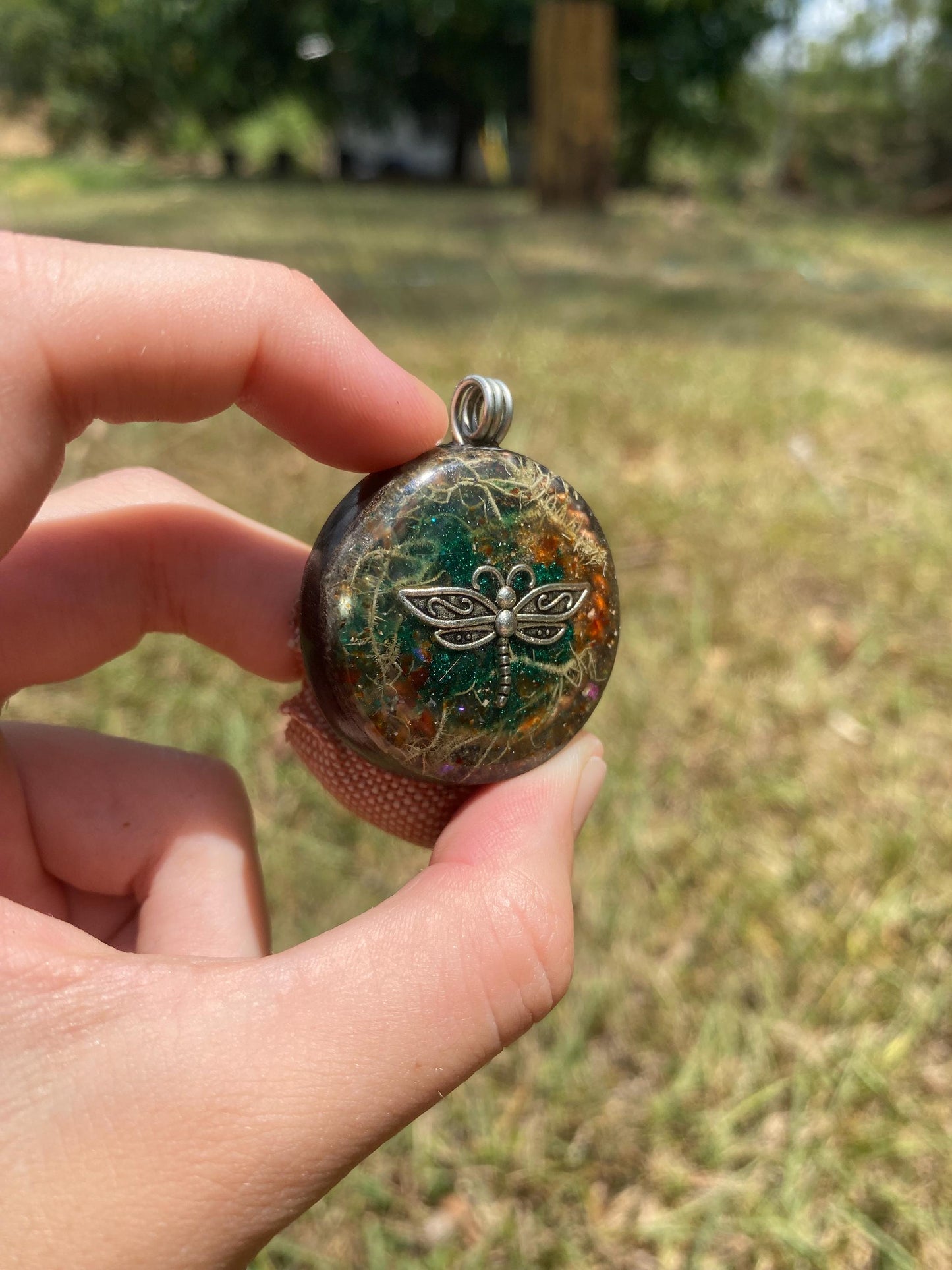 Dragonfly. Orgone Pendant Necklace. TENSOR RING. Elite Shungite, Carnelian, Lichen. 4G and 5G Protection.