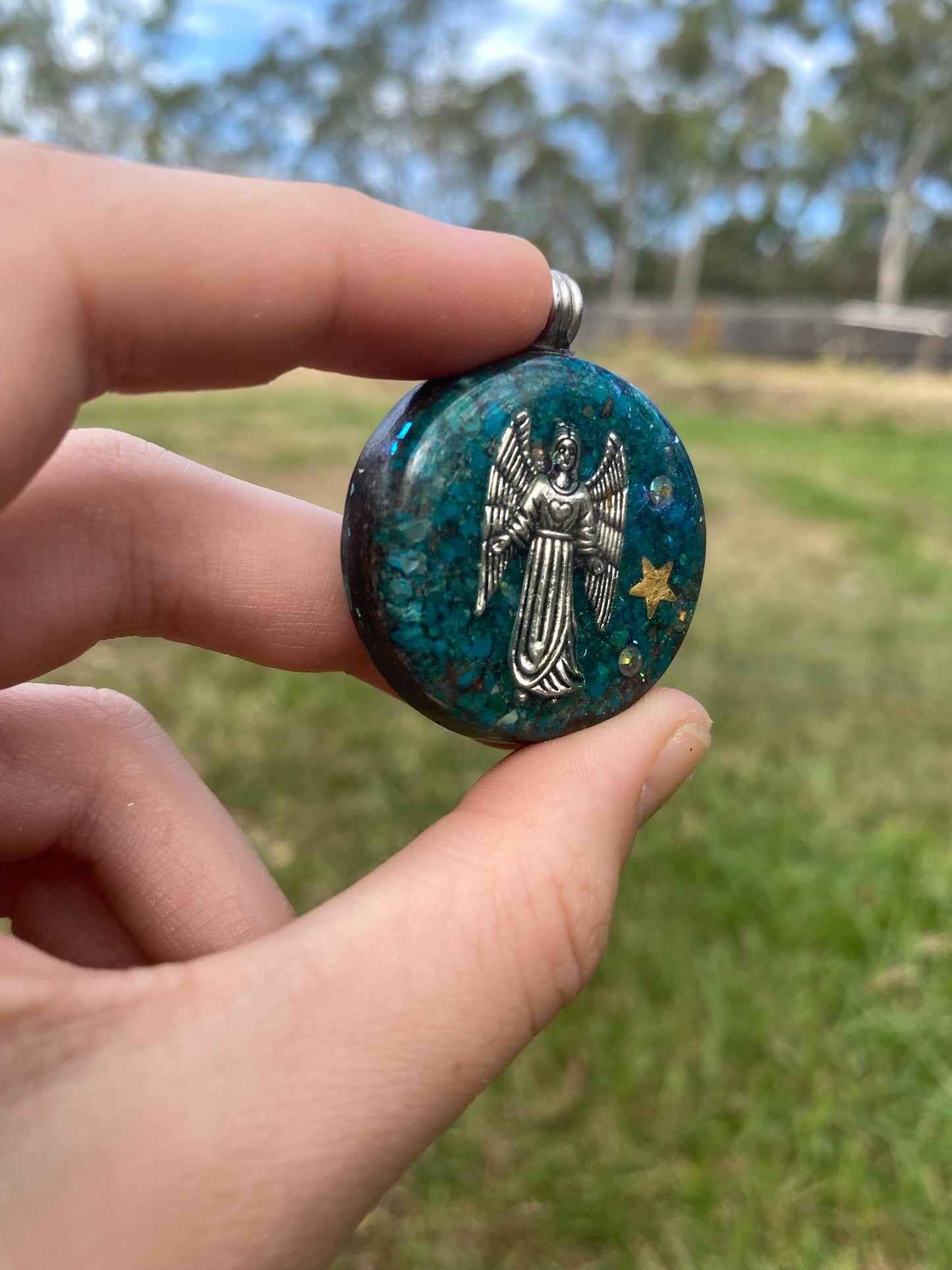 Arch Angel Orgone Pendant Necklace. Made w Elite Shungite, chryscolla, & Tensor Ring. Powerful. 5G Protection.