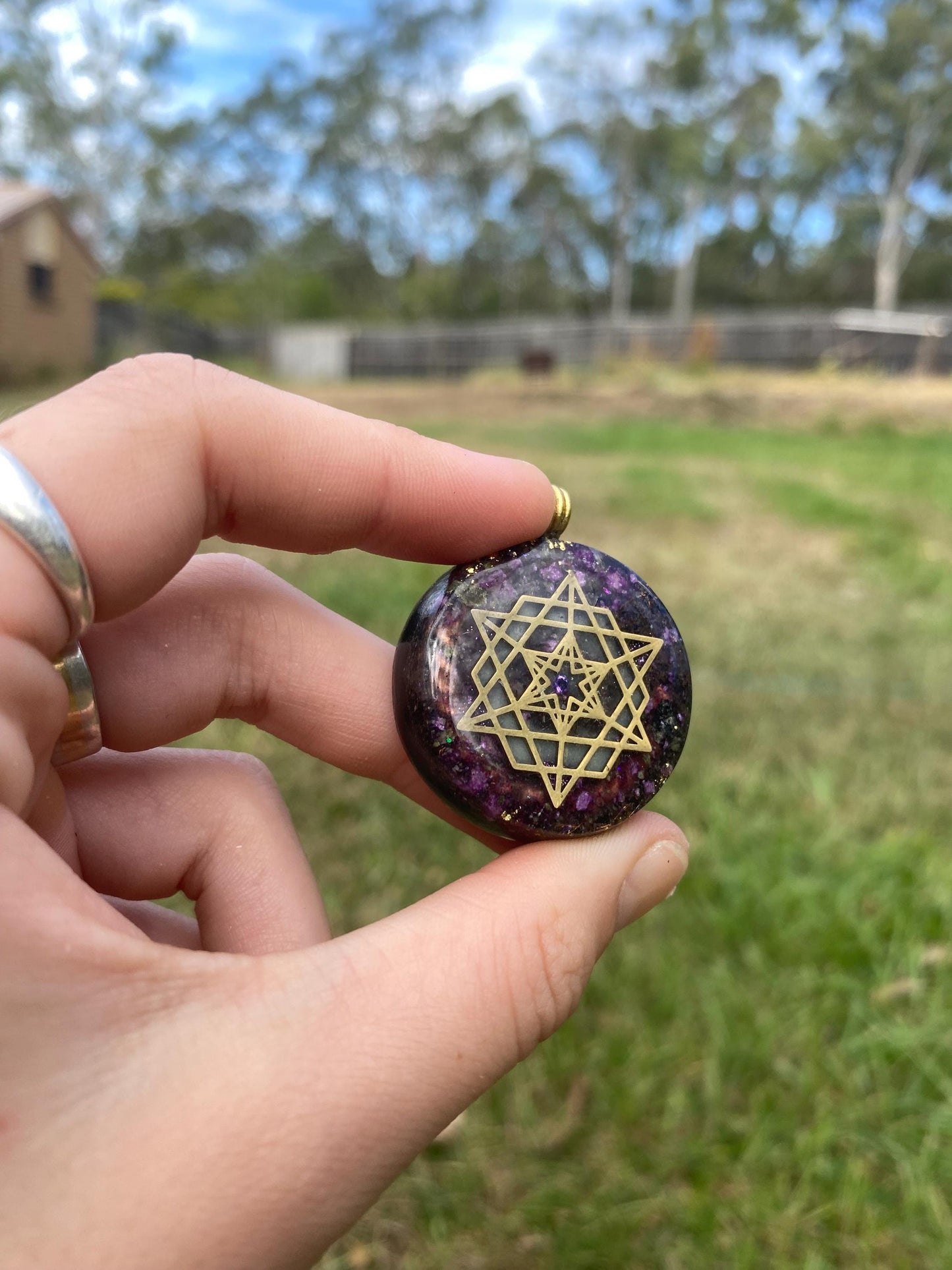 Star Tetrahedron .Orgone Pendant Necklace. Made w Elite Shungite, Stitchtite, 24ct Gold & Tensor Ring. 5G Protection. Glow in the Dark!