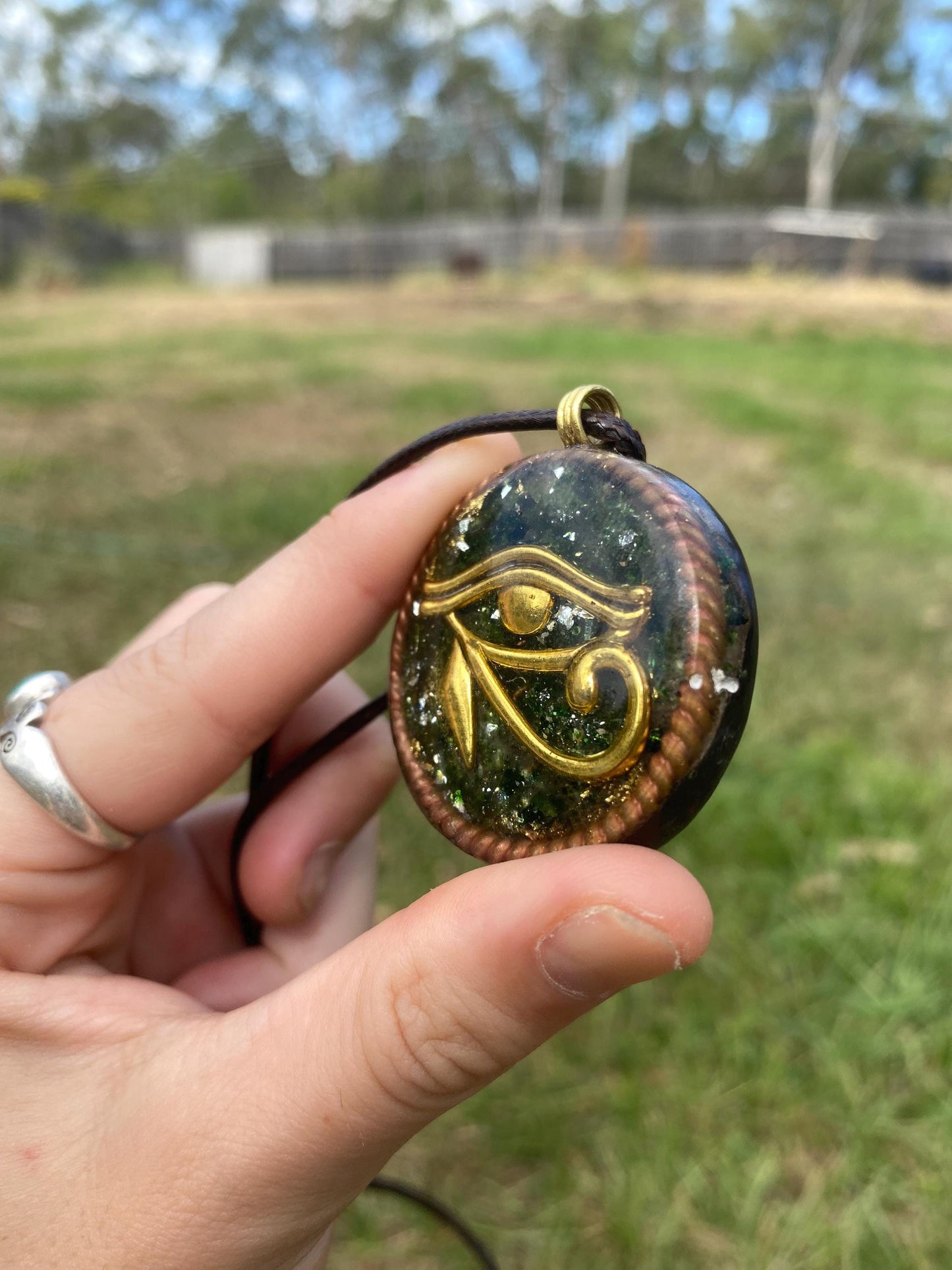 Eye Horus. Orgone Pendant Necklace. Made w Elite Shungite, Selenite, 24ct Gold & Green Goldstone. Powerful. EMF Protection.