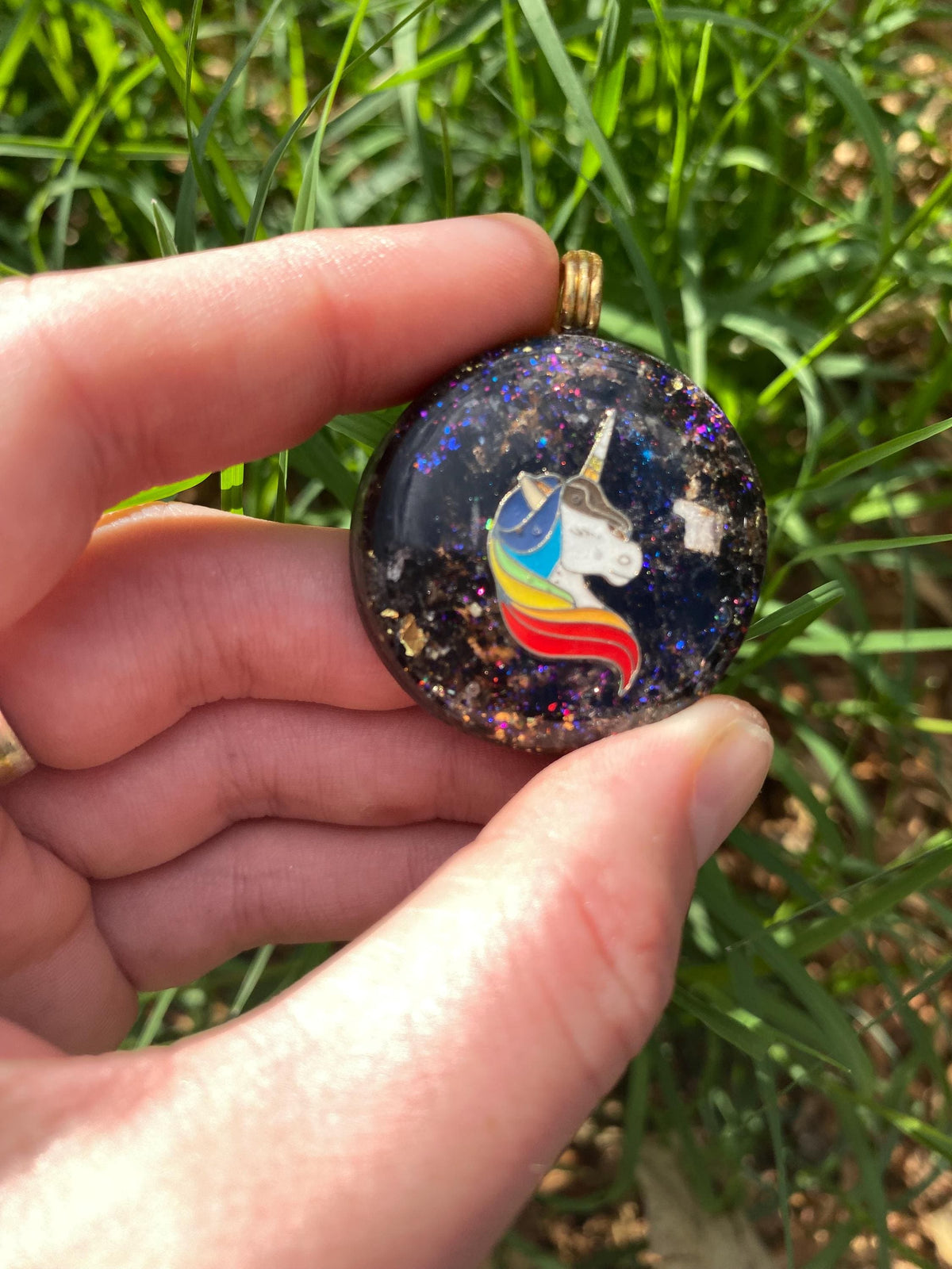 Unicorn orgone Pendant Necklace. Made w Elite Shungite, Selenite, 24ct Gold and Mica. Powerful. EMF 5G Protection. TENSOR RING