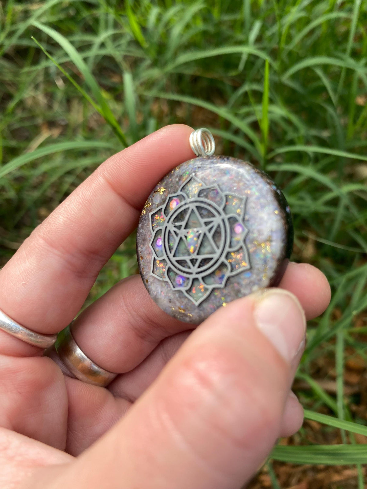 Merkaba Mandala, Orgone Pendant Necklace. Made w Elite Shungite, Lightning Ridge Opal.EMF Protection. TENSOR RING. Glow in the dark!