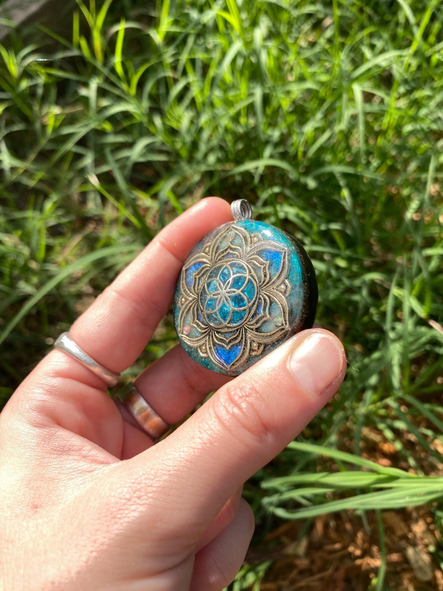 Seed of life Mandala. Orgone Pendant Necklace. Made w Elite Shungite, chryscolla, & Tensor Ring. Powerful. 5G Protection.