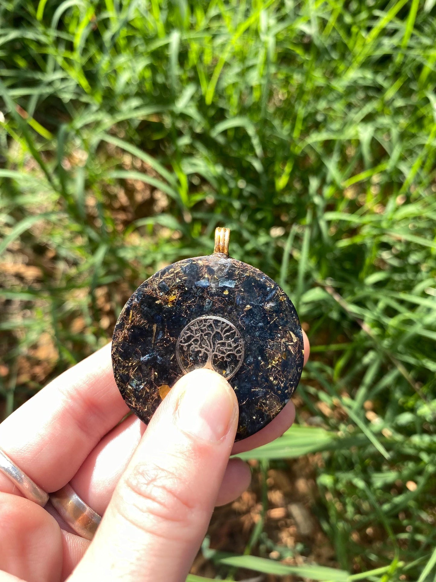 Smiling Sun. Orgone Pendant Necklace. Made w Elite Shungite, 24ct Gold and Vivianite & Tensor Ring. Powerful. 5G Protection.
