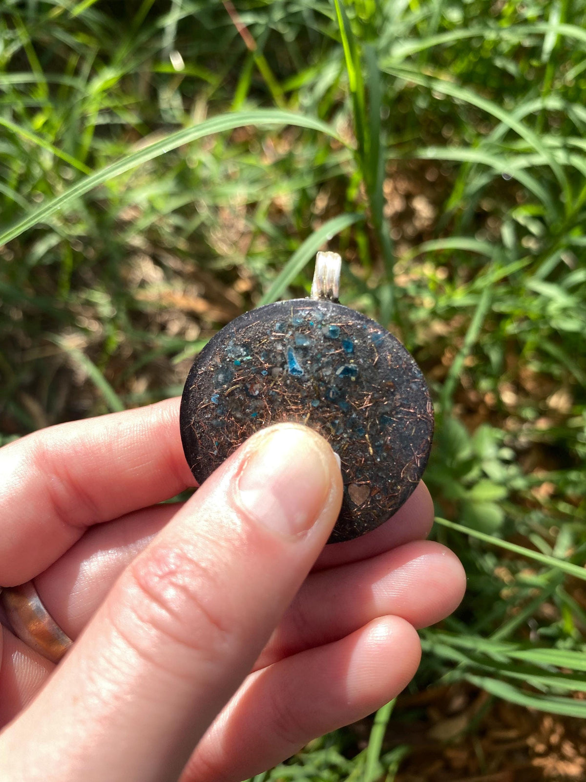 Vitruvian Man . Orgone Pendant Necklace. Made w Blue Apatite, & Elite Shungite. Tensor Ring. Powerful. EMF Protection.