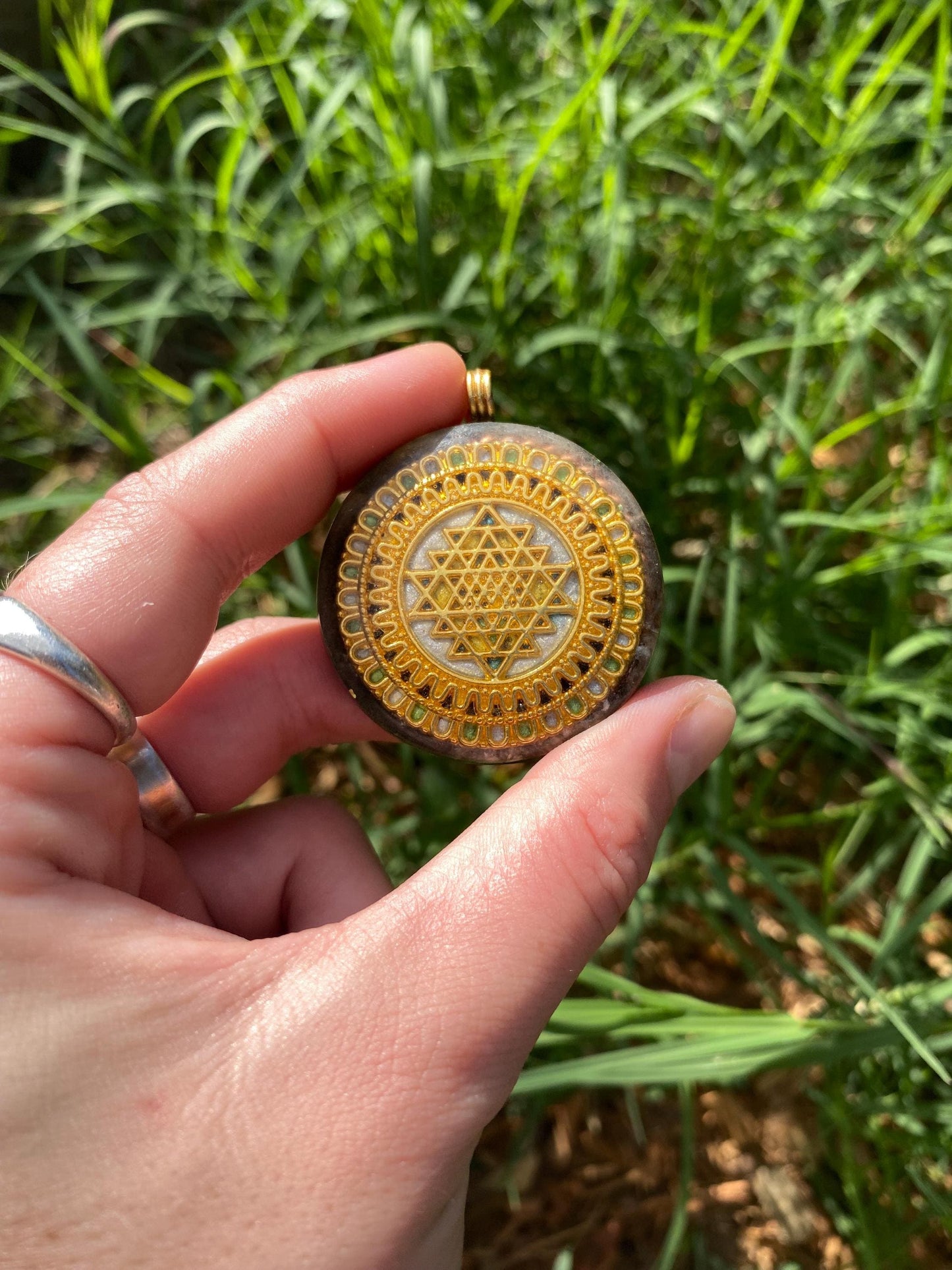 Sri Yantra mandala. Pendant Necklace. Made w Elite Shungite. Smokey Quartz. Tensor Ring. EMF Protection. 5G Protection.