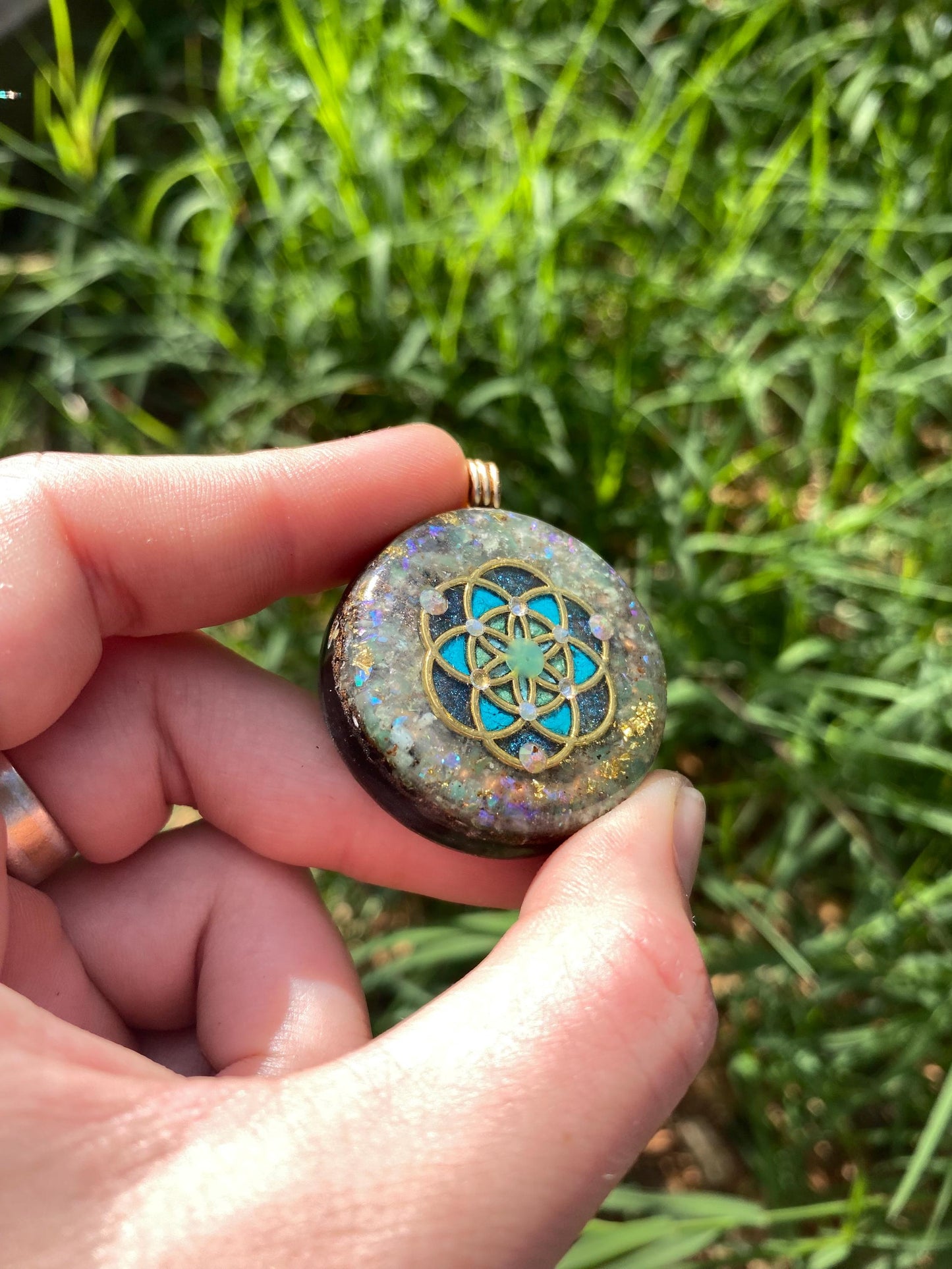 Seed of life. Orgone Pendant Necklace. Made w Chrysoprase, 24ct Gold & Elite Shungite. Tensor Ring. Powerful. EMF Protection.