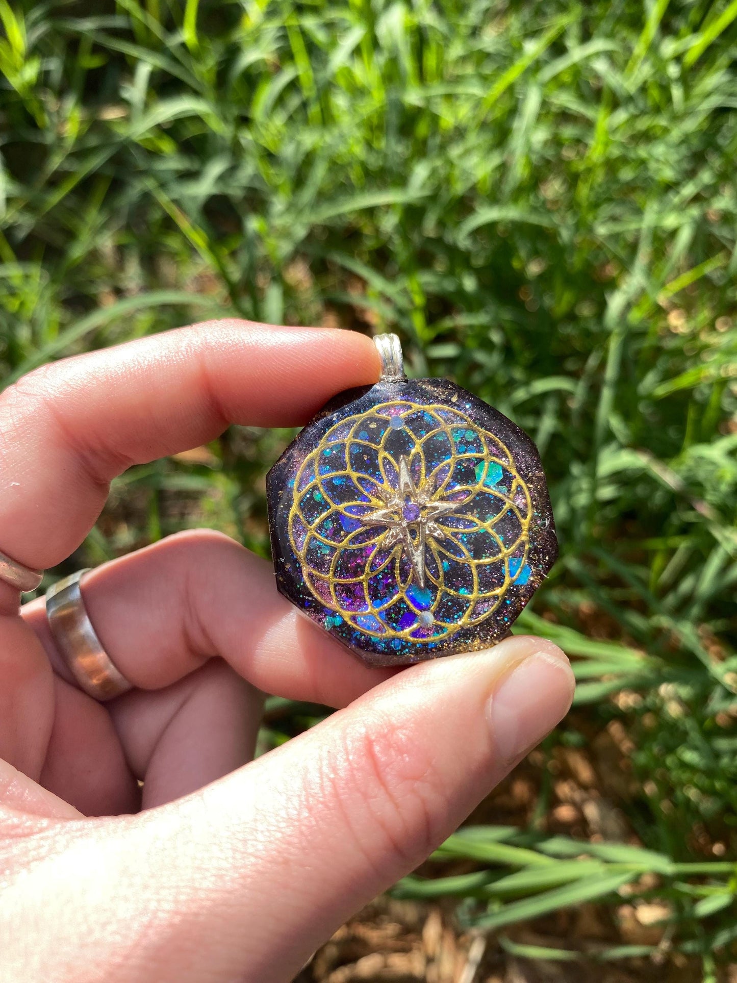 Star on Torus. orgone Pendant Necklace. Made w Elite Shungite, Selenite, 24ct Gold and Mica. Powerful. EMF 5G Protection. TENSOR RING