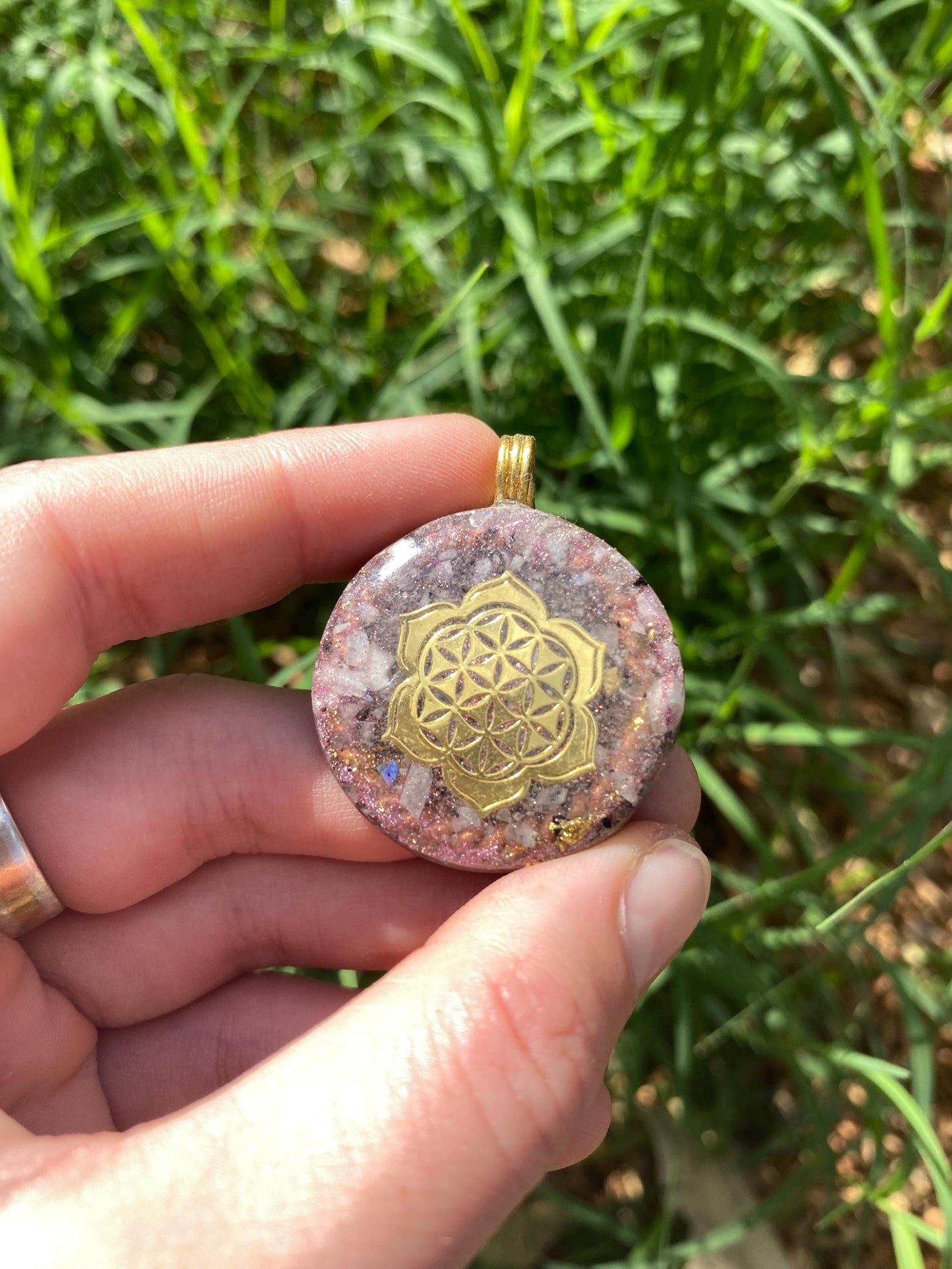 Flower of Life lotus. Orgone Pendant Necklace. Made w Rainbow Moonstone, 24ct gold, Elite Shungite, & Tensor Ring. Powerful. 5G Protection.
