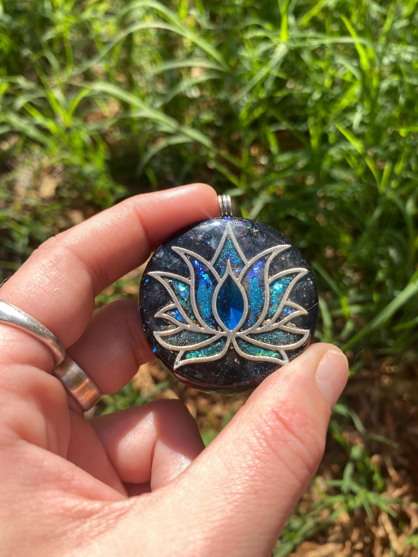 Lotus. Orgone Pendant Necklace. Made w Elite Shungite, Vivianite & Tensor Ring. Powerful. 5G Protection