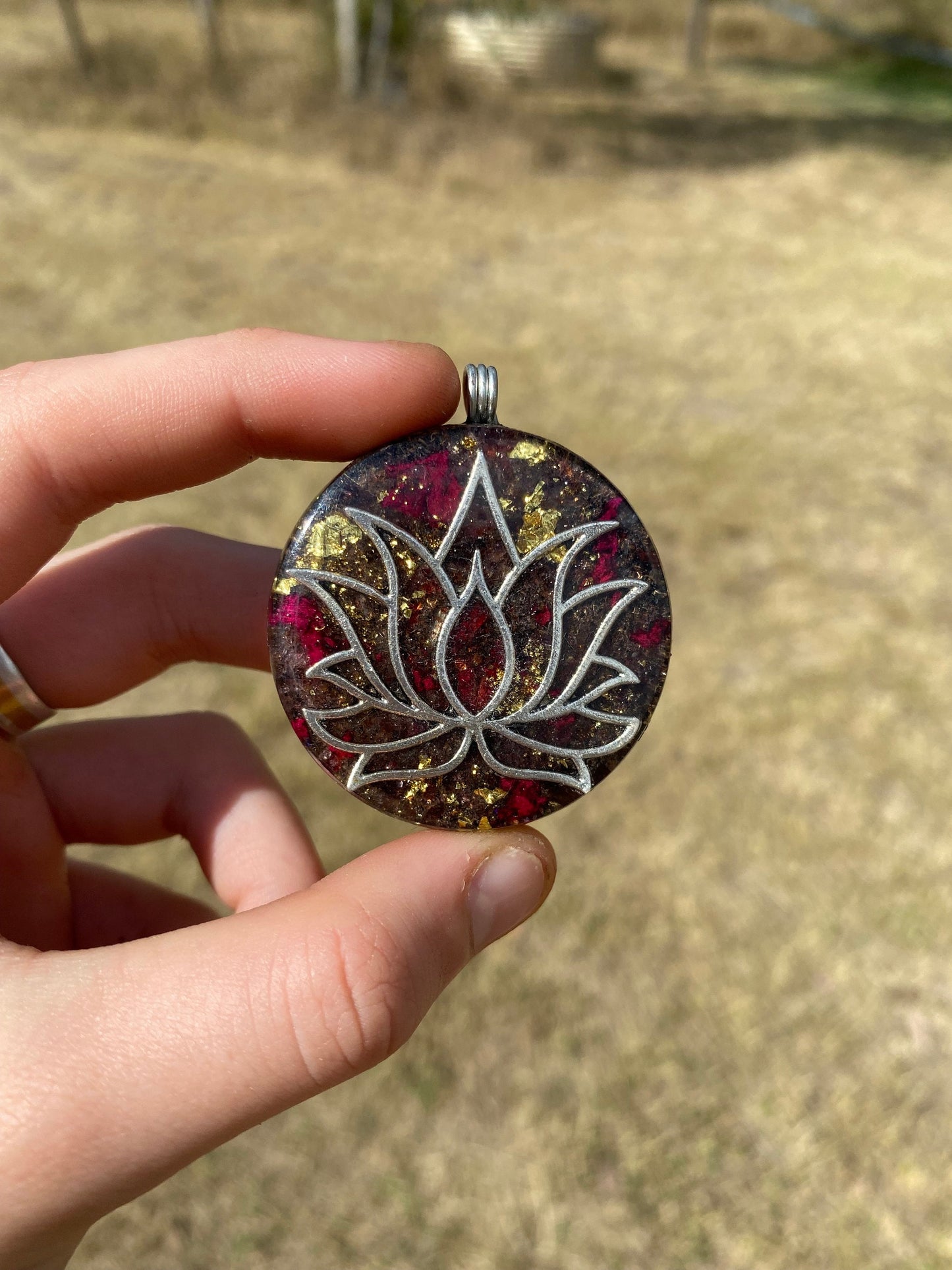 Lotus Orgonite Pendant: Shungite, Garnet, Gold, EMF Protection