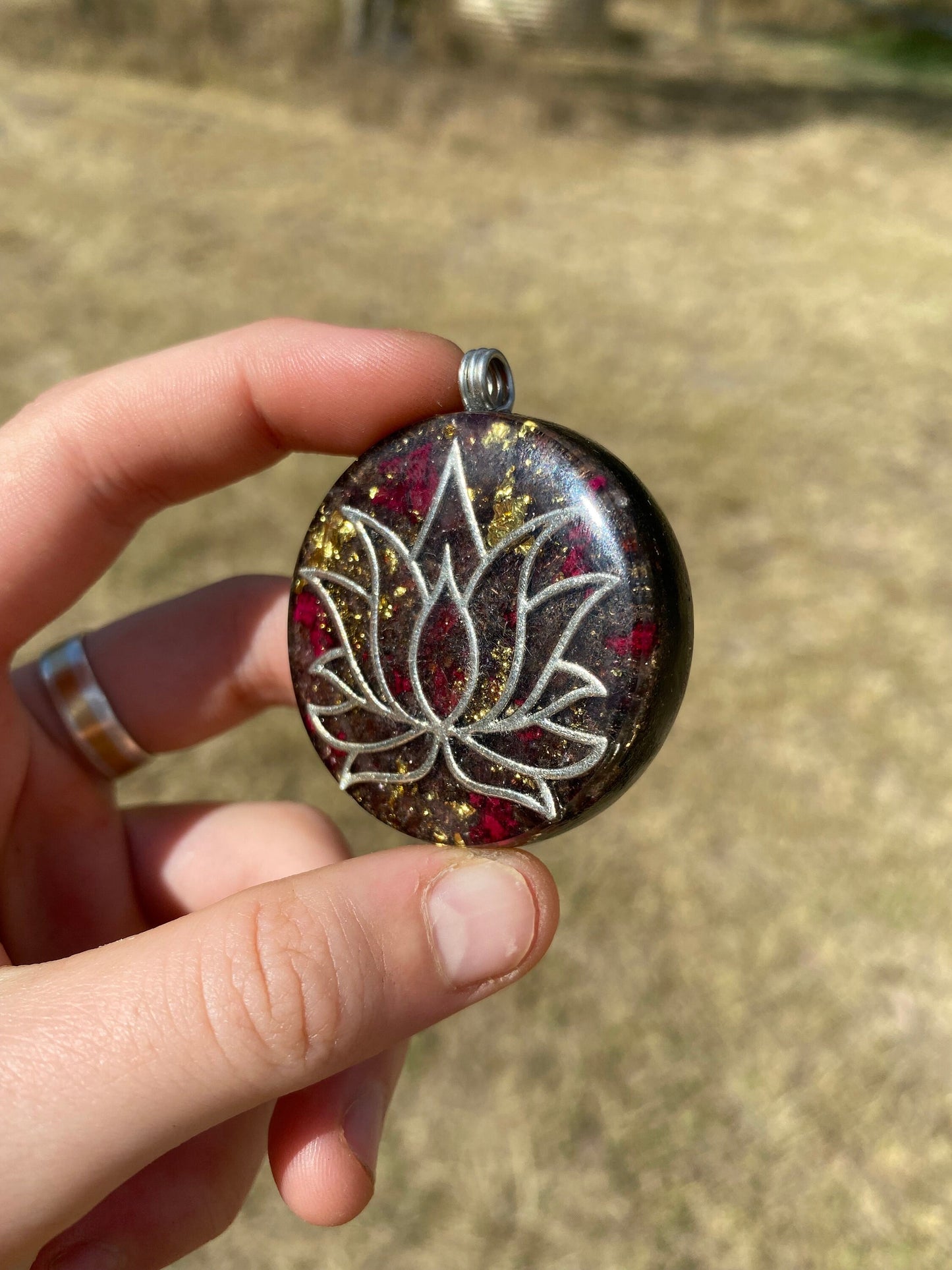 Lotus Orgonite Pendant: Shungite, Garnet, Gold, EMF Protection