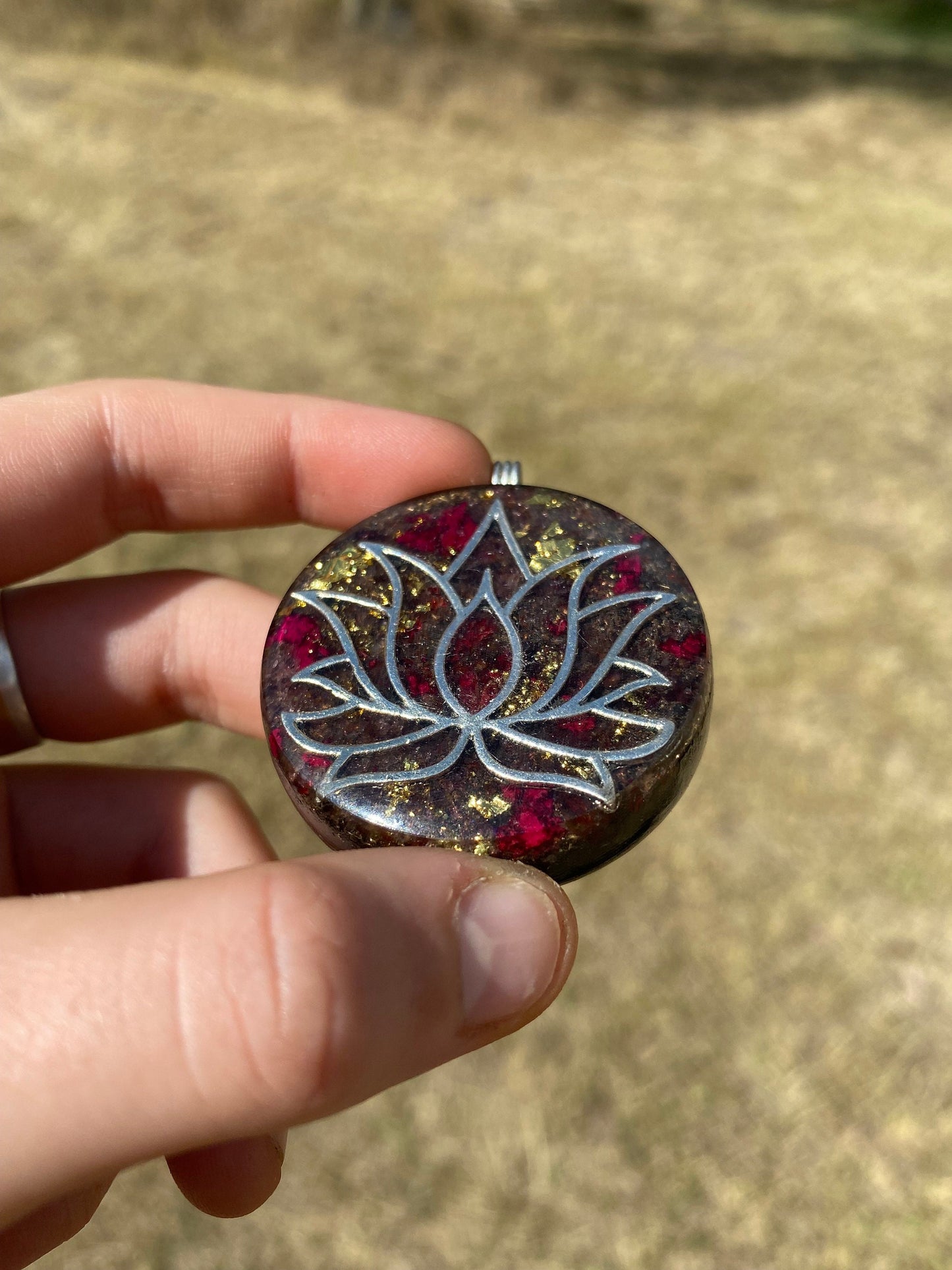 Lotus Orgonite Pendant: Shungite, Garnet, Gold, EMF Protection