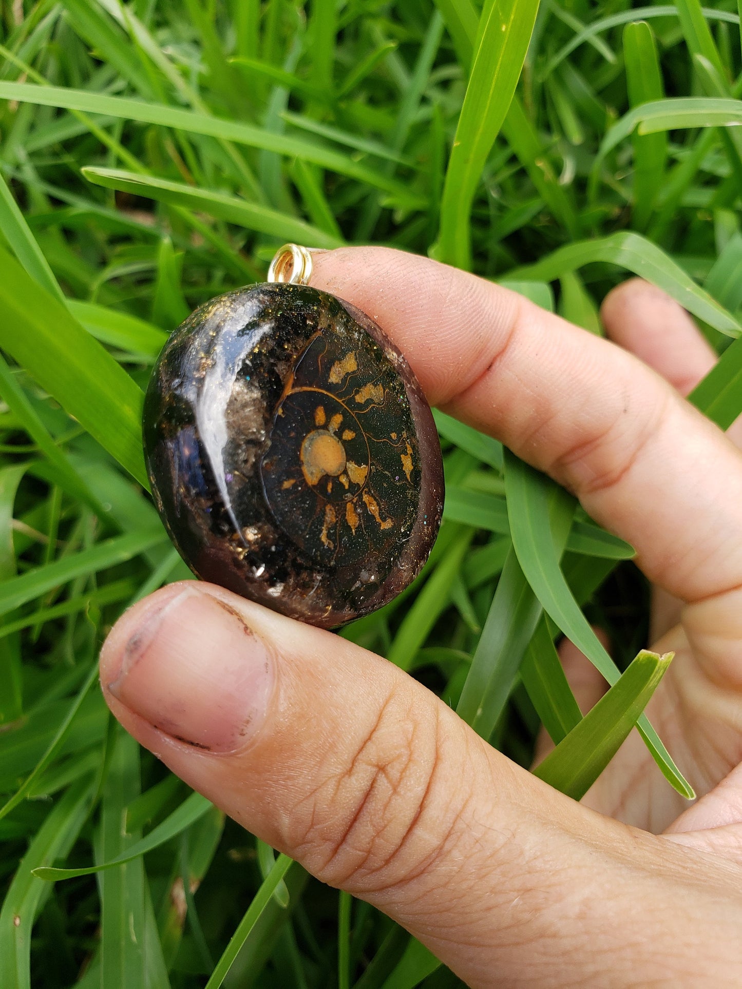 Ammonite  orgone pendant. Made w Elite Shungite, Selenite, Tensor Ring and Hematite  . Powerful. EMF Protection.