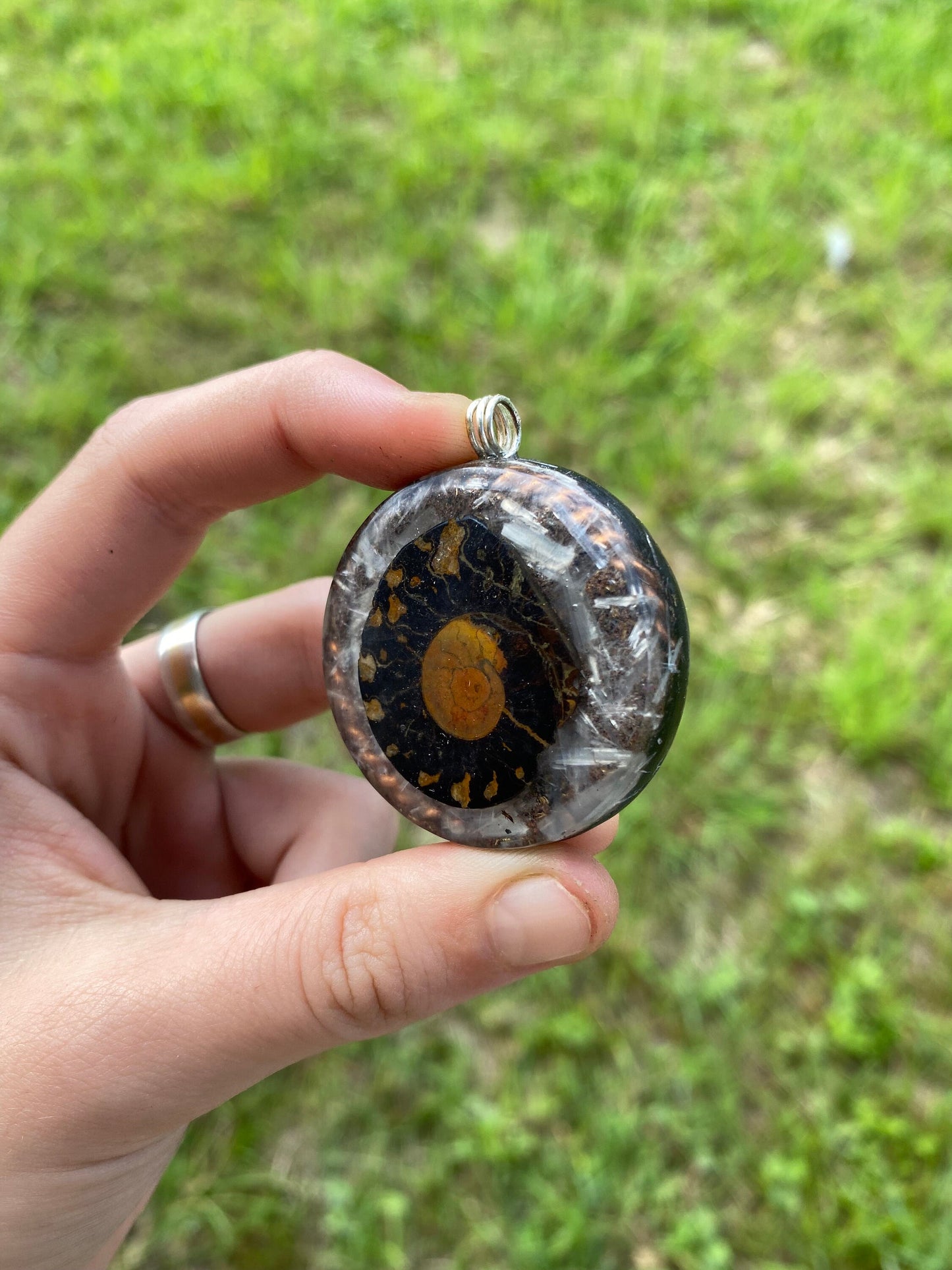 Ammonite. Orgone pendant. Made w Elite Shungite, Selenite, Tensor Ring . Powerful. EMF Protection.