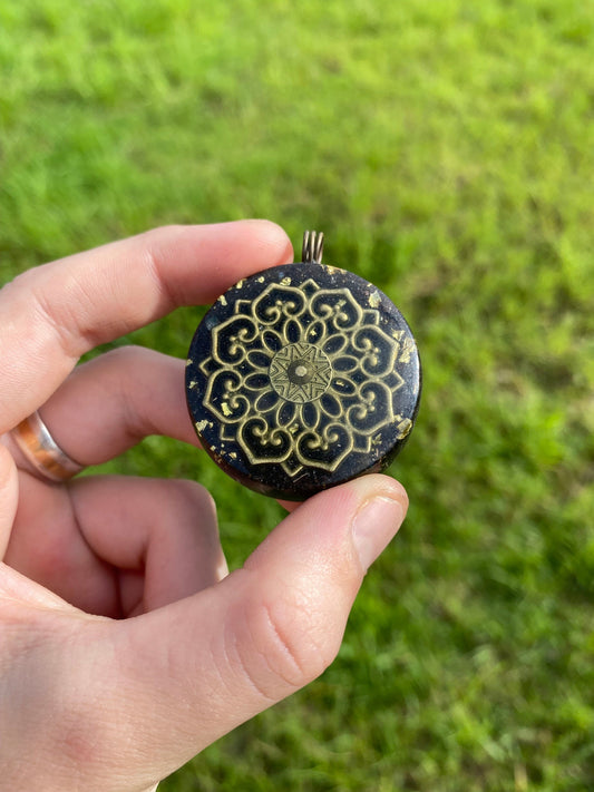 Boho Mandala. Orgone Pendant Necklace. Made w Elite Shungite, Fuchsite, 24ct Gold & Tensor Ring. Powerful. 5G Protection.