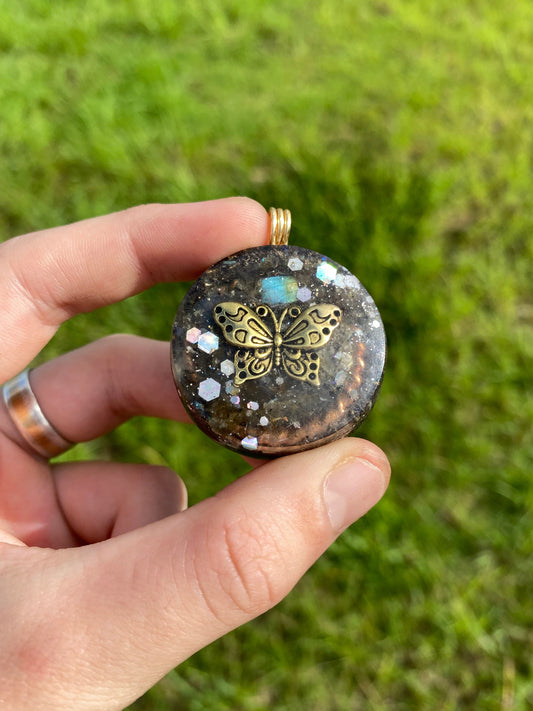 Butterfly. Orgone Pendant Necklace. Made w Elite Shungite, Labradorite, & Tensor Ring. Powerful. 5G Protection.