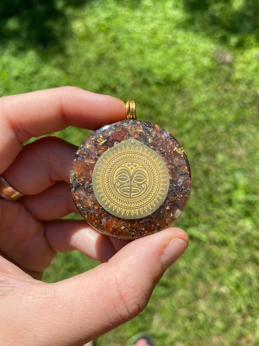 Mayan Symbol, Orgone Pendant Necklace. TENSOR RING. Elite Shungite, Carnelian, 24ct Gold. 4G and 5G Protection.