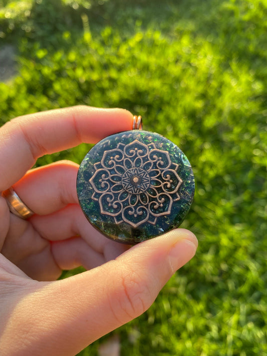 Boho Mandala. Orgone Pendant Necklace. Made w Elite Shungite, Selenite & Green Goldstone. Powerful. EMF Protection.