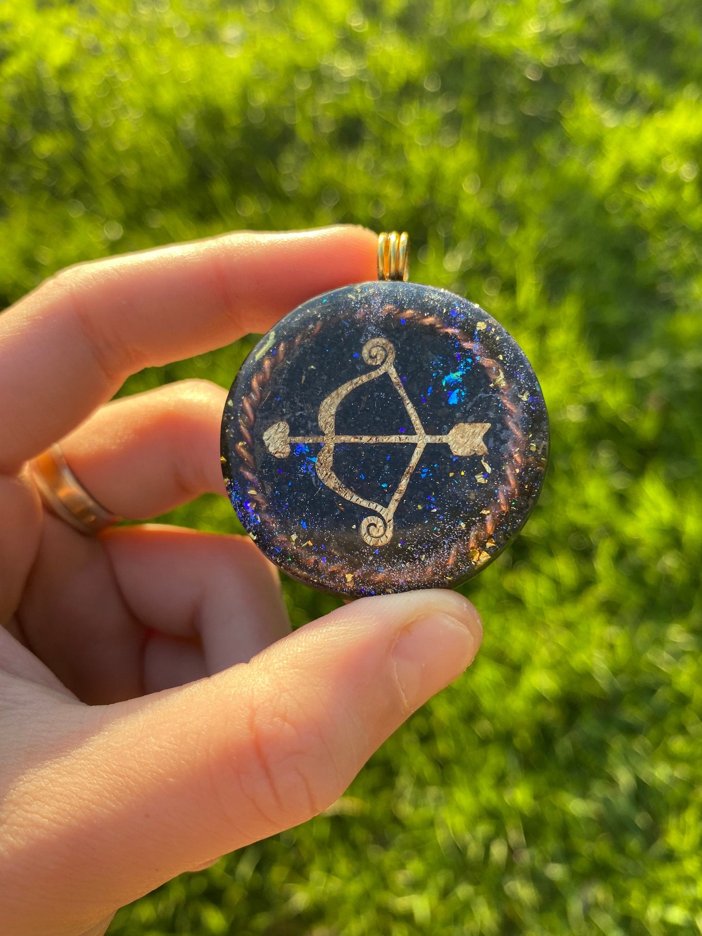 Bow/Arrow. Orgone Pendant Necklace. Made w Elite Shungite, Selenite & Blue Goldstone. Powerful. EMF Protection. 5G Protection. TENSOR RING