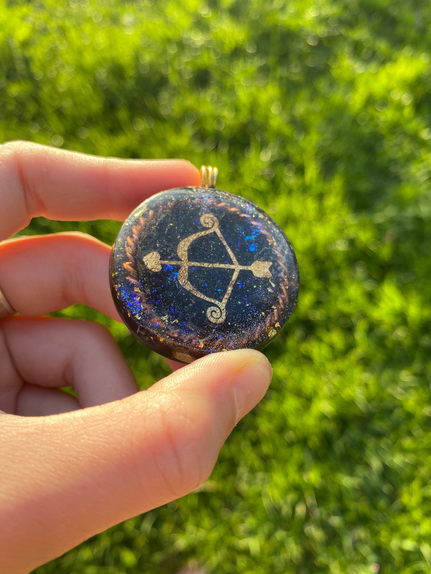 Bow/Arrow. Orgone Pendant Necklace. Made w Elite Shungite, Selenite & Blue Goldstone. Powerful. EMF Protection. 5G Protection. TENSOR RING