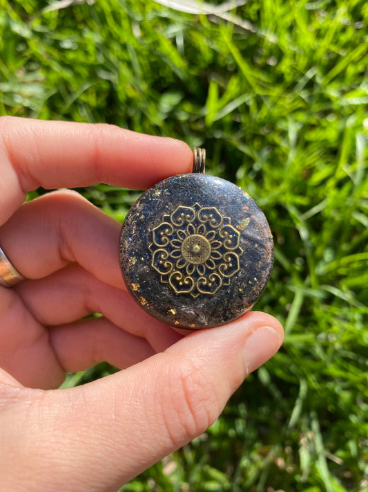 Boho Mandala Pendant Necklace. Made w Elite Shungite, 24ct Gold and Black Kyanite. Powerful. EMF Protection. 5G Protection. Tensor Ring.