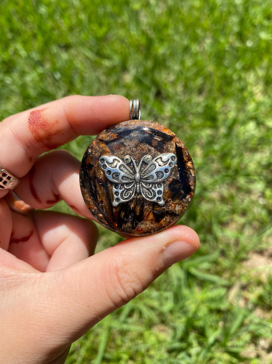 Butterfly, Orgone Pendant Necklace. TENSOR RING. Elite Shungite, Carnelian. 4G and 5G Protection.