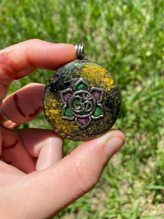 Om. Orgone Pendant Necklace. Made w Elite Shungite, Selenite, Bumblebee  Jasper and Tensor Ring. EMF Protection.