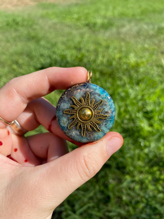 Sun, Pendant Necklace. Made w Aquamarine, 24ct Gold, Elite Shungite & Tensor Ring. Powerful. EMF Protection. 5G Protection.