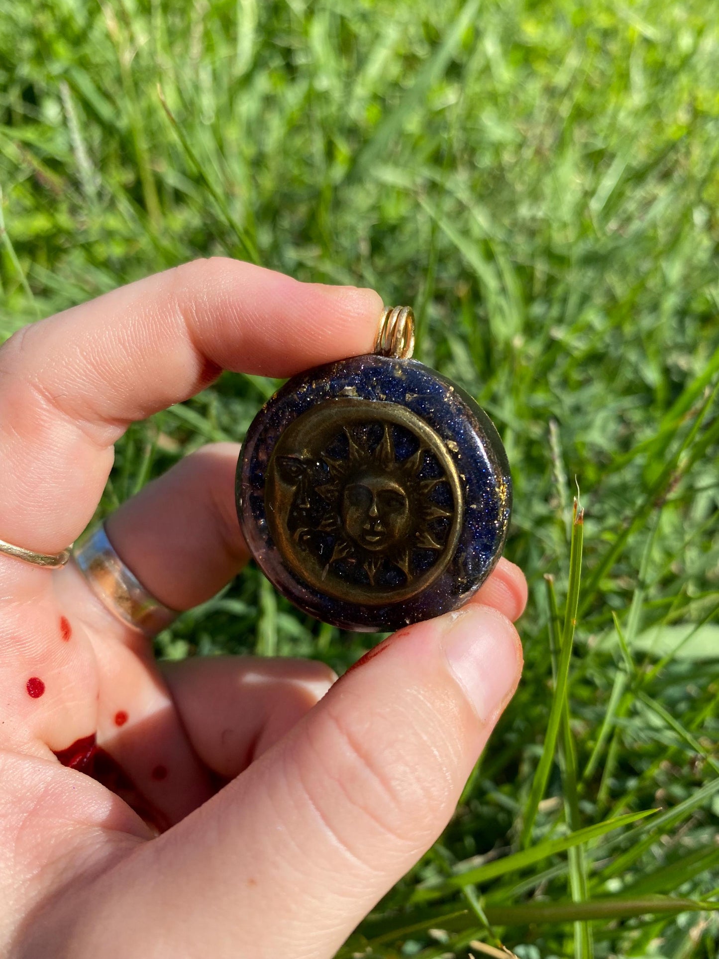 Sun/Moon Orgone Pendant Necklace. Made w Elite Shungite, Selenite & Blue Goldstone. Powerful. EMF Protection. 5G Protection. TENSOR RING