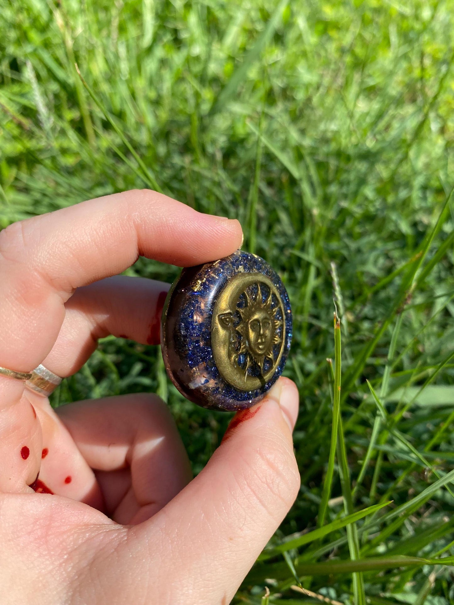 Sun/Moon Orgone Pendant Necklace. Made w Elite Shungite, Selenite & Blue Goldstone. Powerful. EMF Protection. 5G Protection. TENSOR RING