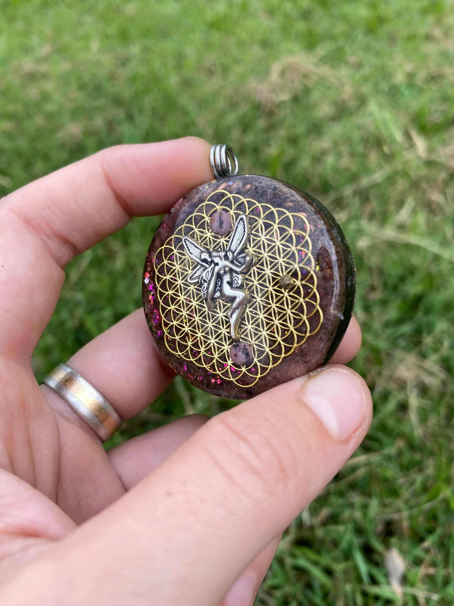 Fairy, Orgone Pendant Necklace. Made w Elite Shungite, Rhodonite, & Tensor Ring. Powerful. 5G Protection.