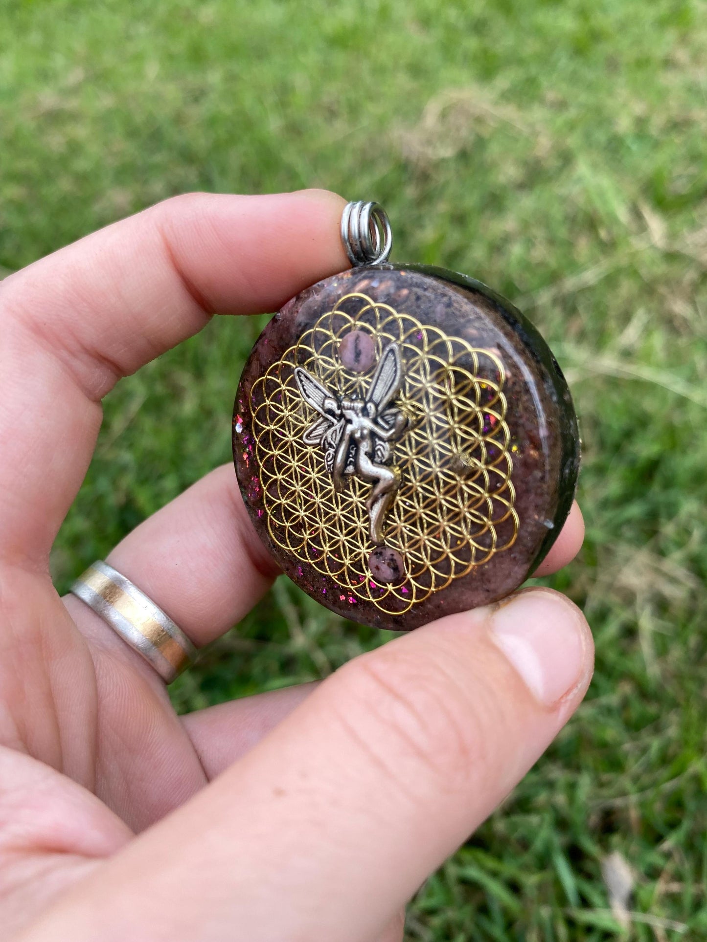 Fairy, Orgone Pendant Necklace. Made w Elite Shungite, Rhodonite, & Tensor Ring. Powerful. 5G Protection.