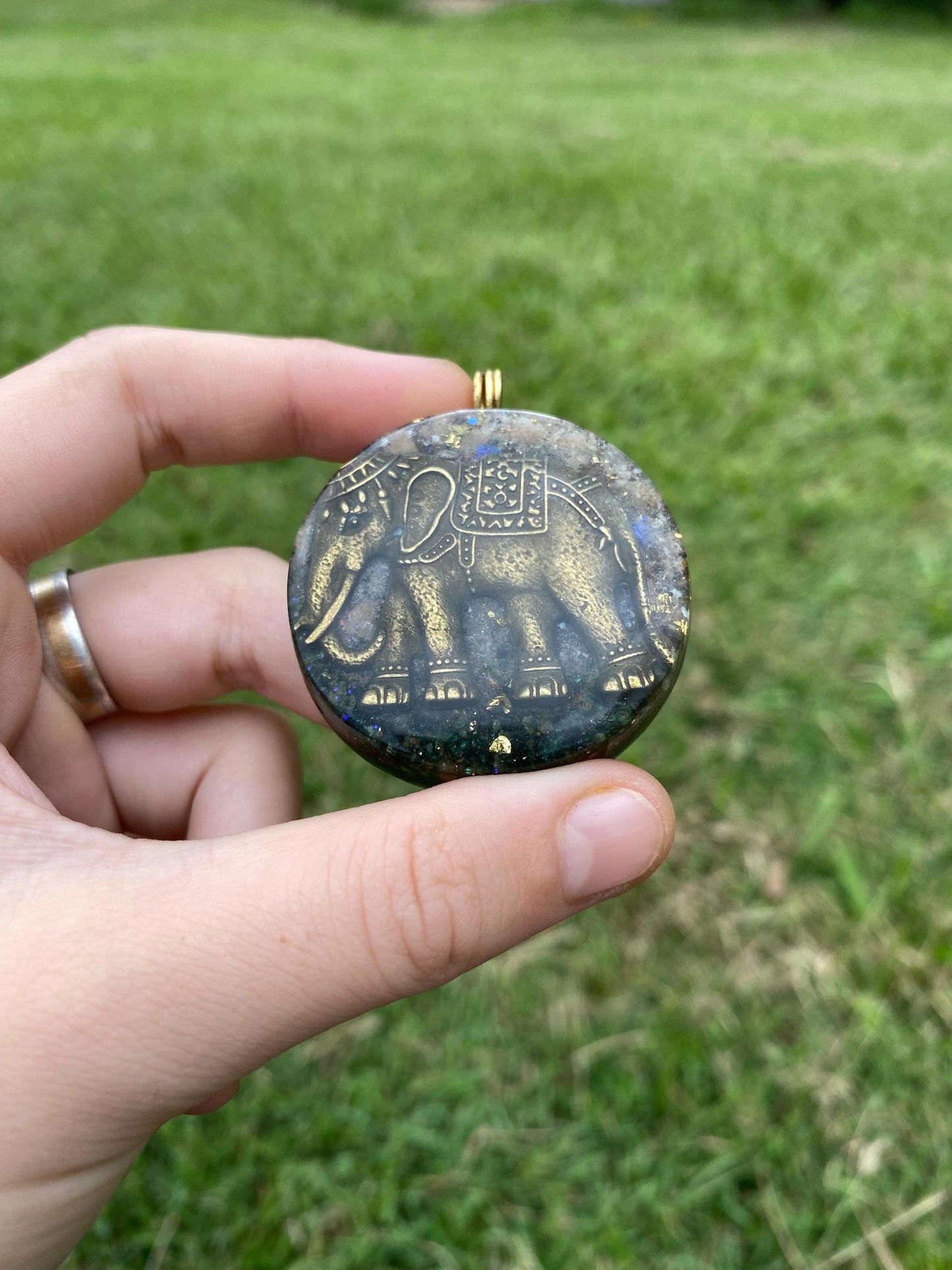 Elephant. Orgone Pendant Necklace. Made w Elite Shungite, Fuchsite, Desert Rose, 24ct Gold & Tensor Ring. Powerful. 5G Protection.