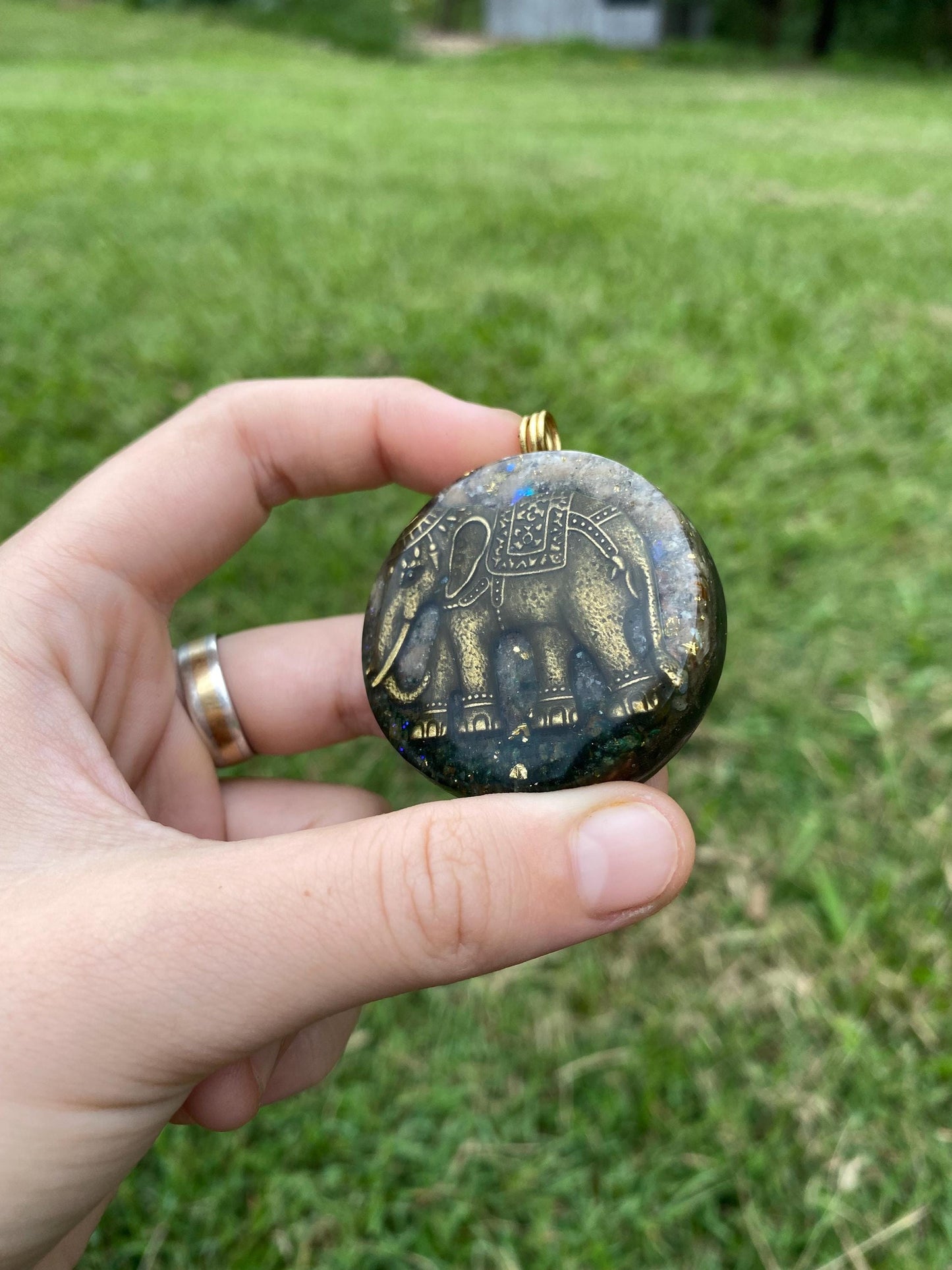 Elephant. Orgone Pendant Necklace. Made w Elite Shungite, Fuchsite, Desert Rose, 24ct Gold & Tensor Ring. Powerful. 5G Protection.
