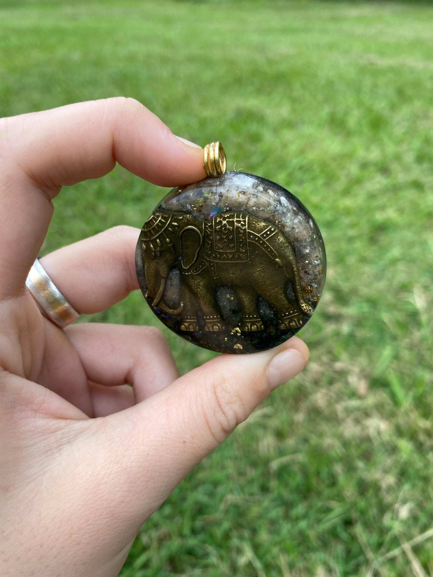 Elephant. Orgone Pendant Necklace. Made w Elite Shungite, Fuchsite, Desert Rose, 24ct Gold & Tensor Ring. Powerful. 5G Protection.