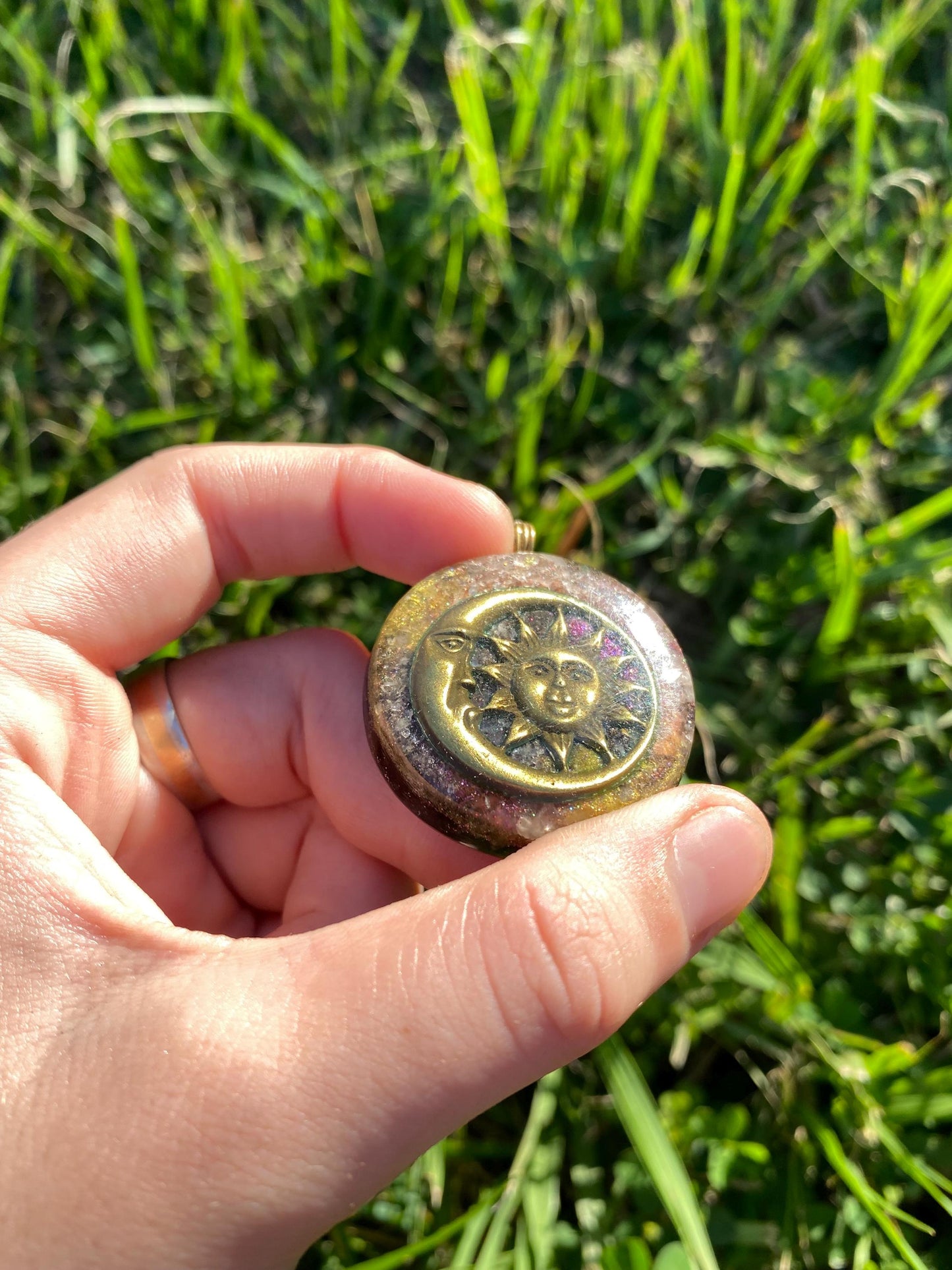 Sun/Moon. Pendant Necklace. Made w rose quartz, Elite Shungite, & Tensor Ring. Powerful. Emf Protection.