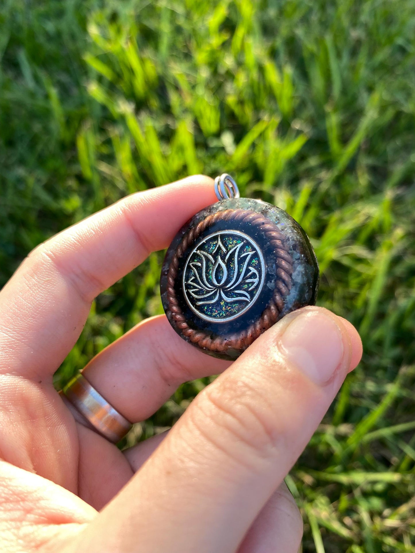 Lotus Orgone Pendant Necklace. Made w Elite Shungite, Green Fluorite. Powerful . EMF Protection. 5G Protection.