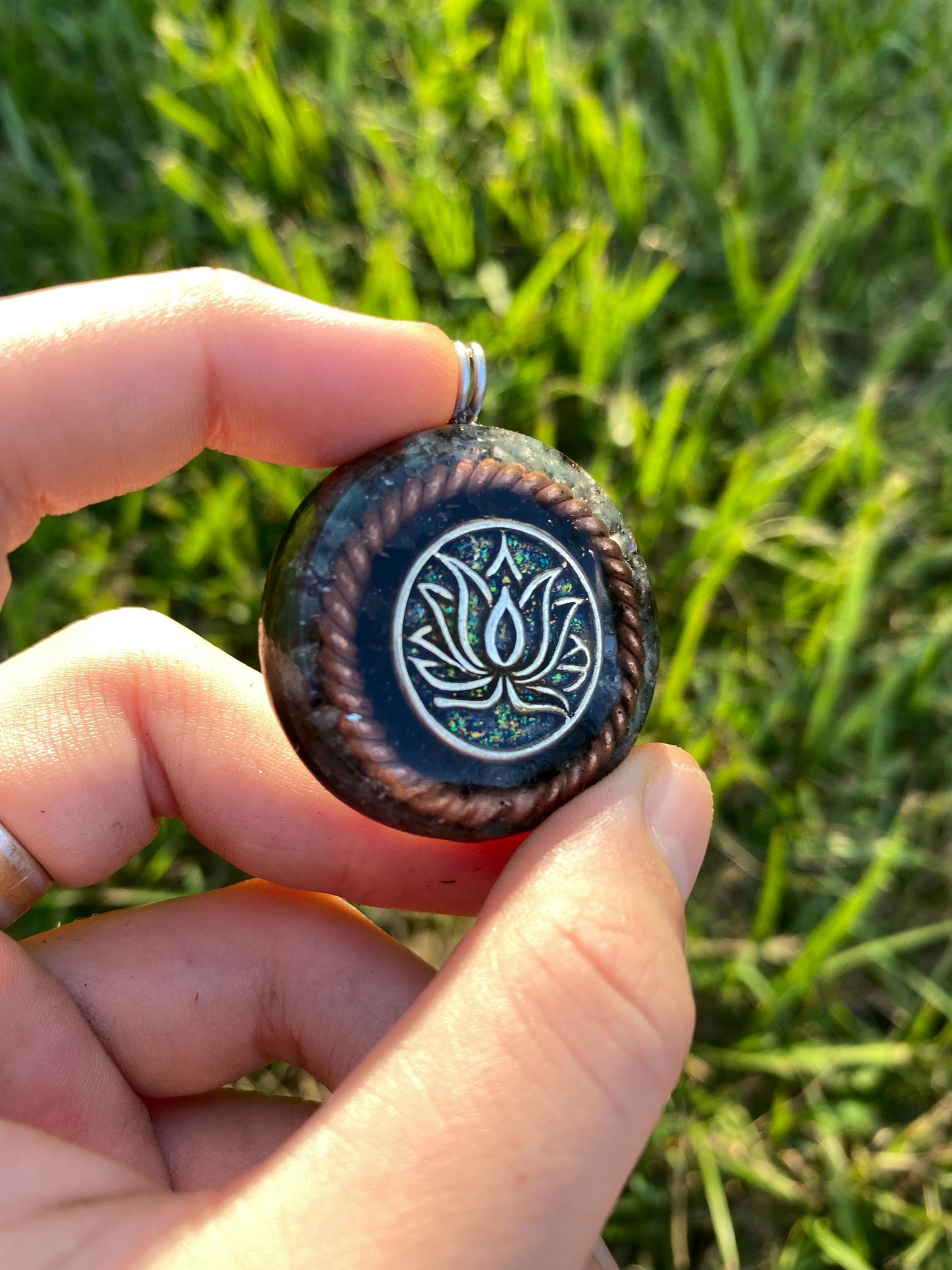 Lotus Orgone Pendant Necklace. Made w Elite Shungite, Green Fluorite. Powerful . EMF Protection. 5G Protection.