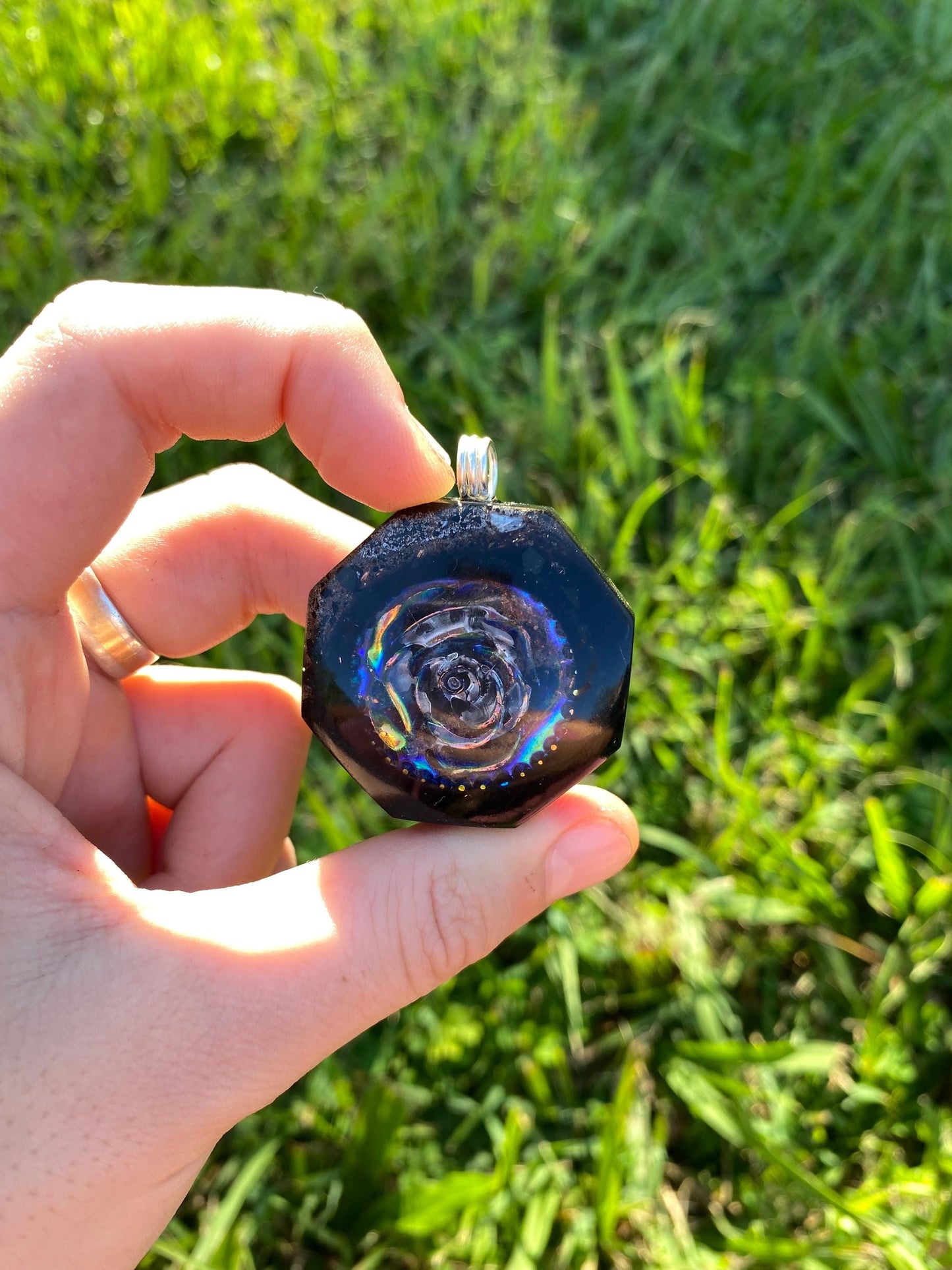Holographic Rose orgone Pendant Necklace. Made w Elite Shungite, Selenite and Mica. Powerful. EMF 5G Protection. TENSOR RING