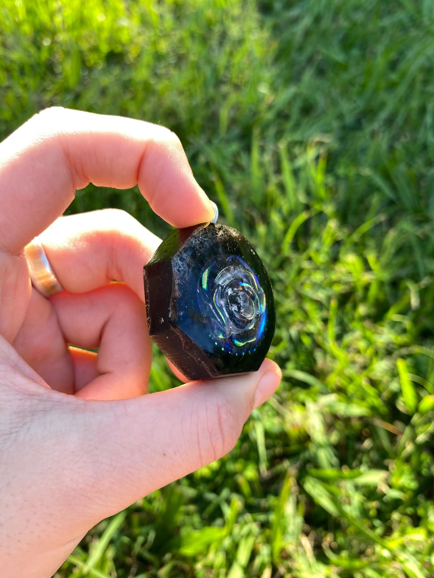 Holographic Rose orgone Pendant Necklace. Made w Elite Shungite, Selenite and Mica. Powerful. EMF 5G Protection. TENSOR RING