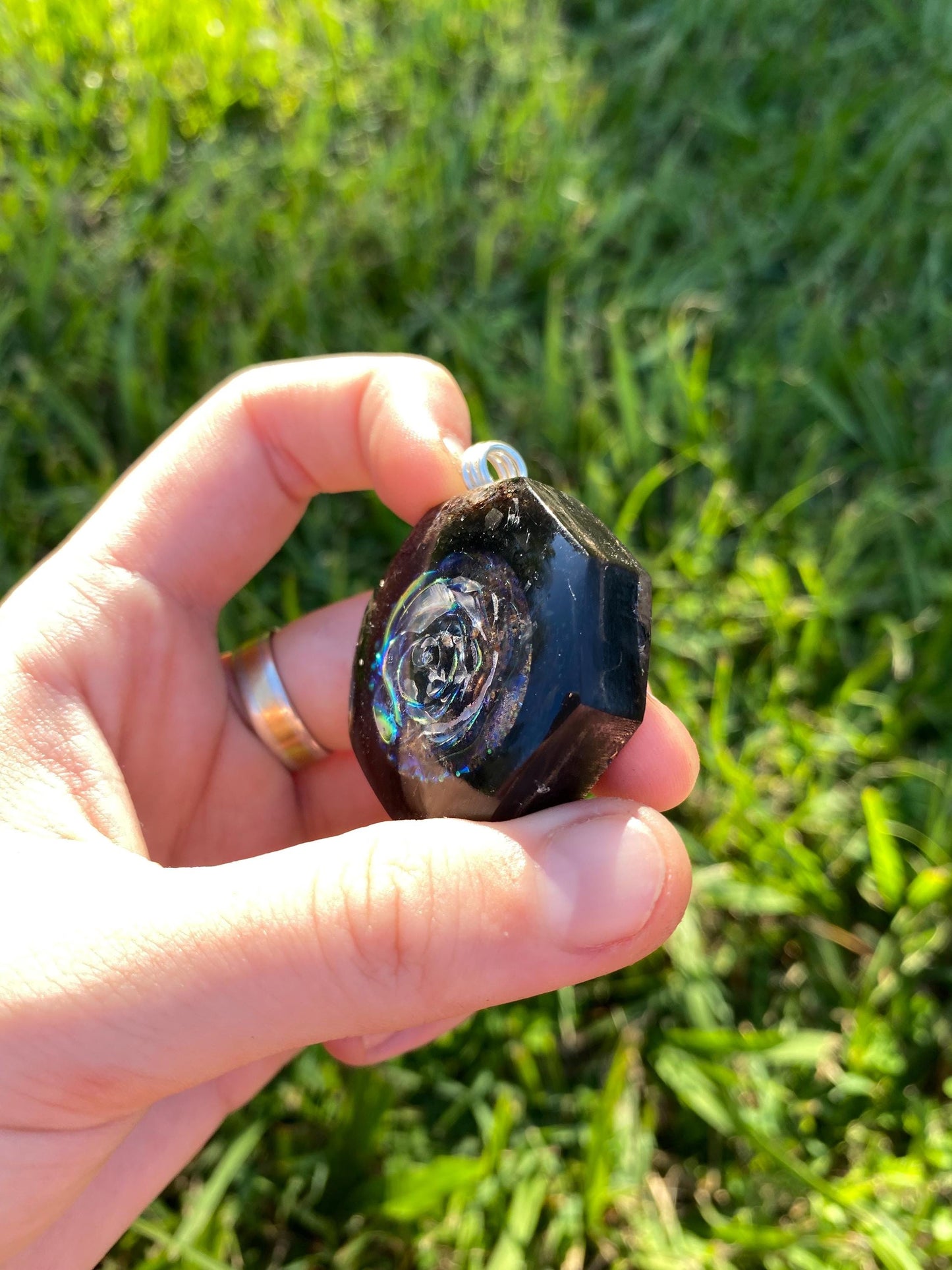 Holographic Rose orgone Pendant Necklace. Made w Elite Shungite, Selenite and Mica. Powerful. EMF 5G Protection. TENSOR RING