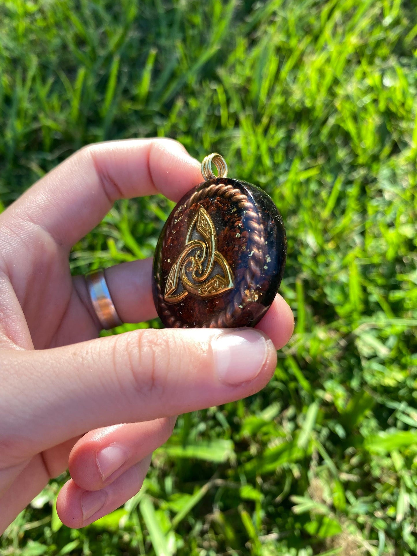 Triquetra. Orgone. Pendant Necklace. Made w Elite Shungite, Red Tigers Eye, 24ct Gold Powerful. EMF Protection. 5G Protection. TENSOR RING
